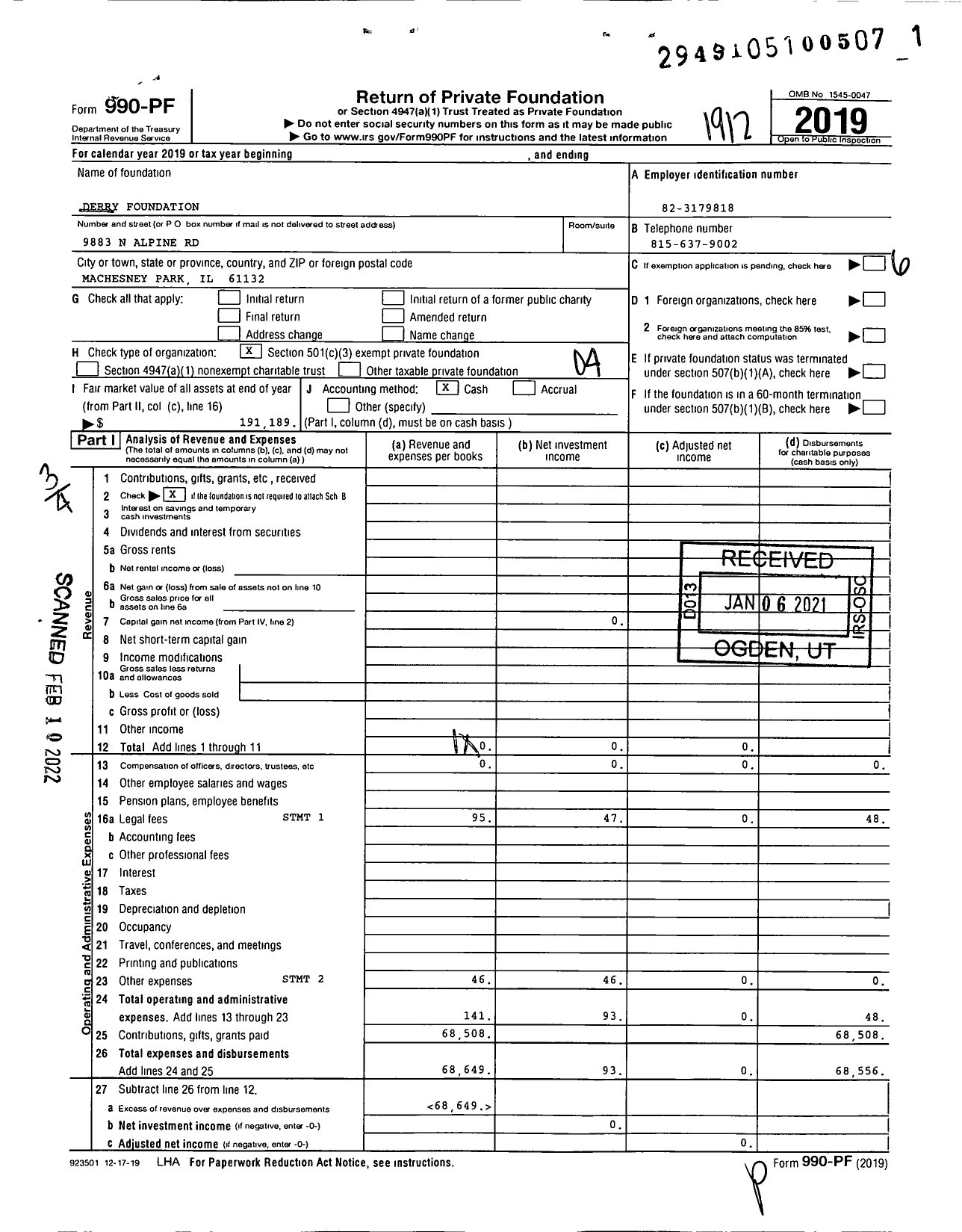 Image of first page of 2019 Form 990PF for Derry Foundation