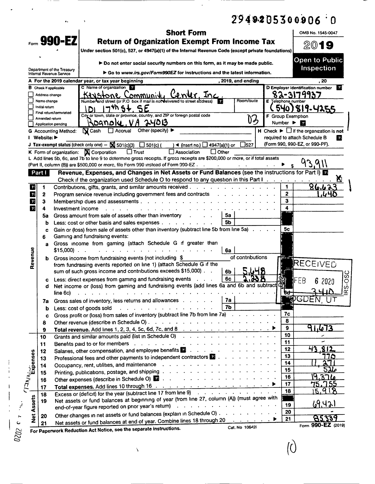 Image of first page of 2019 Form 990EZ for Keystone Community Center