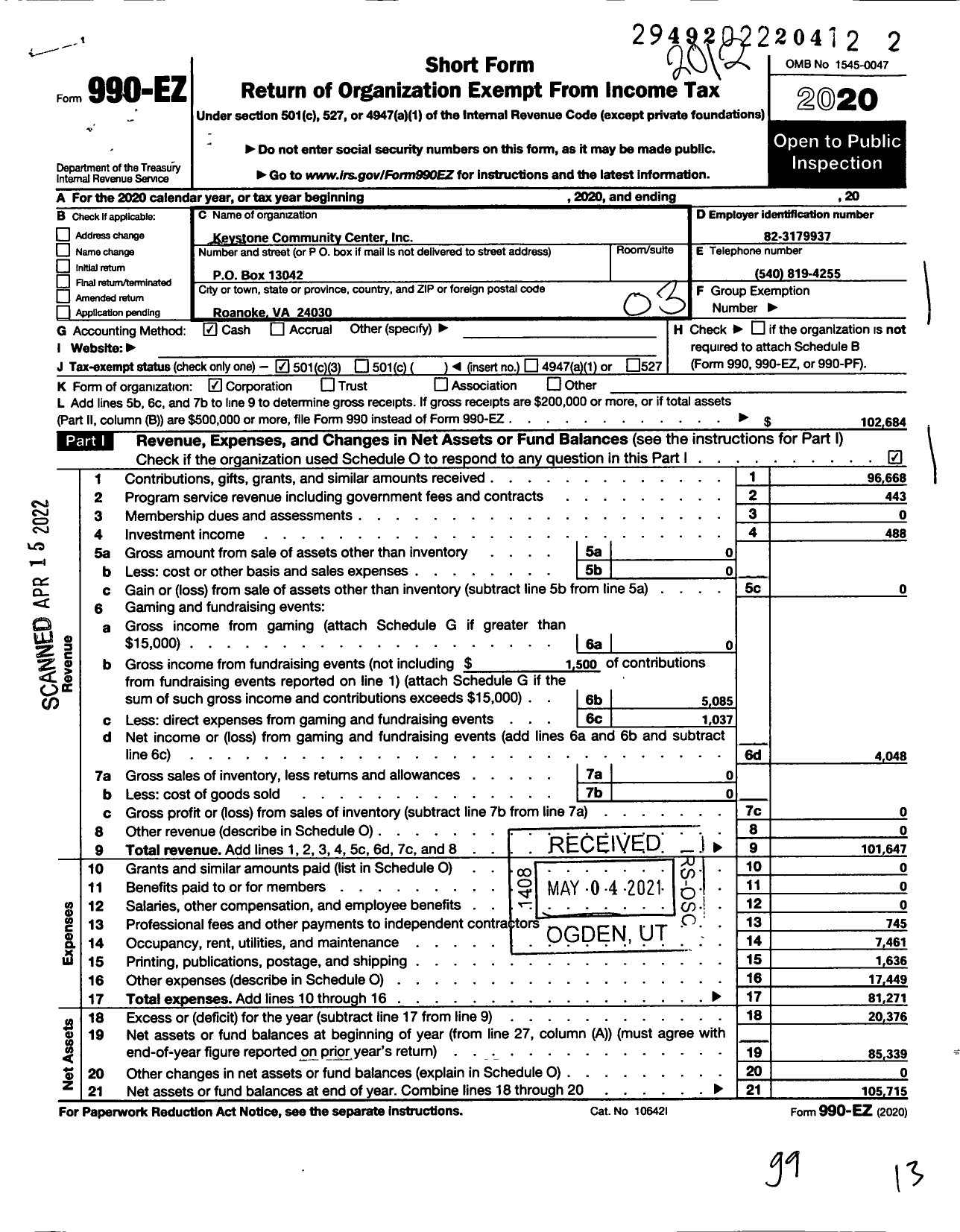 Image of first page of 2020 Form 990EZ for Keystone Community Center