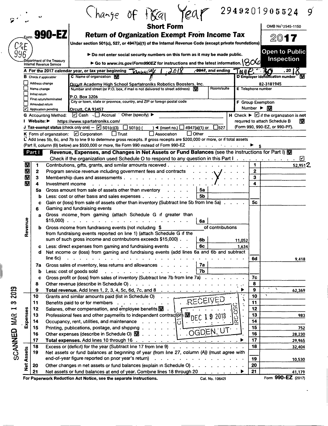 Image of first page of 2017 Form 990EZ for Orcutt Academy High School Spartatroniks