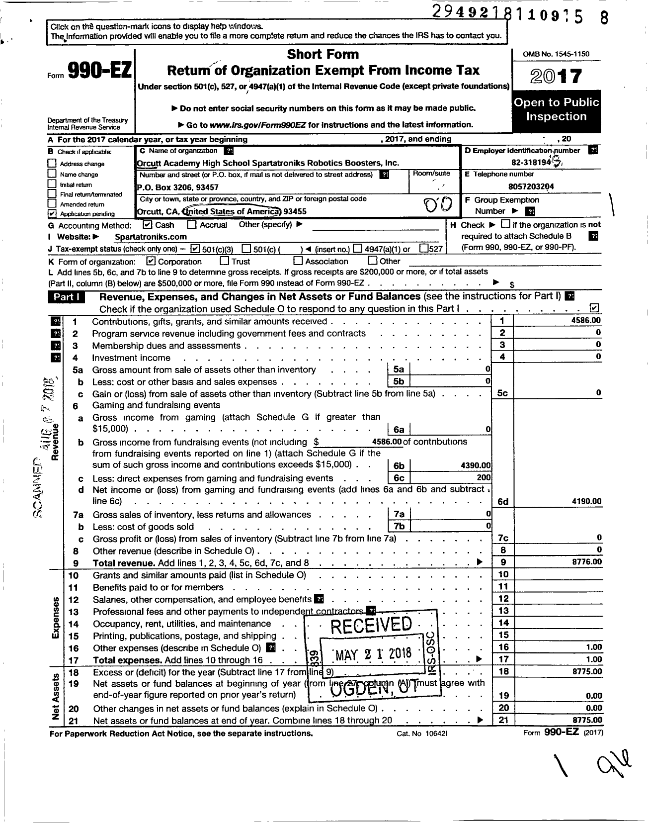 Image of first page of 2017 Form 990EO for Orcutt Academy High School Spartatroniks