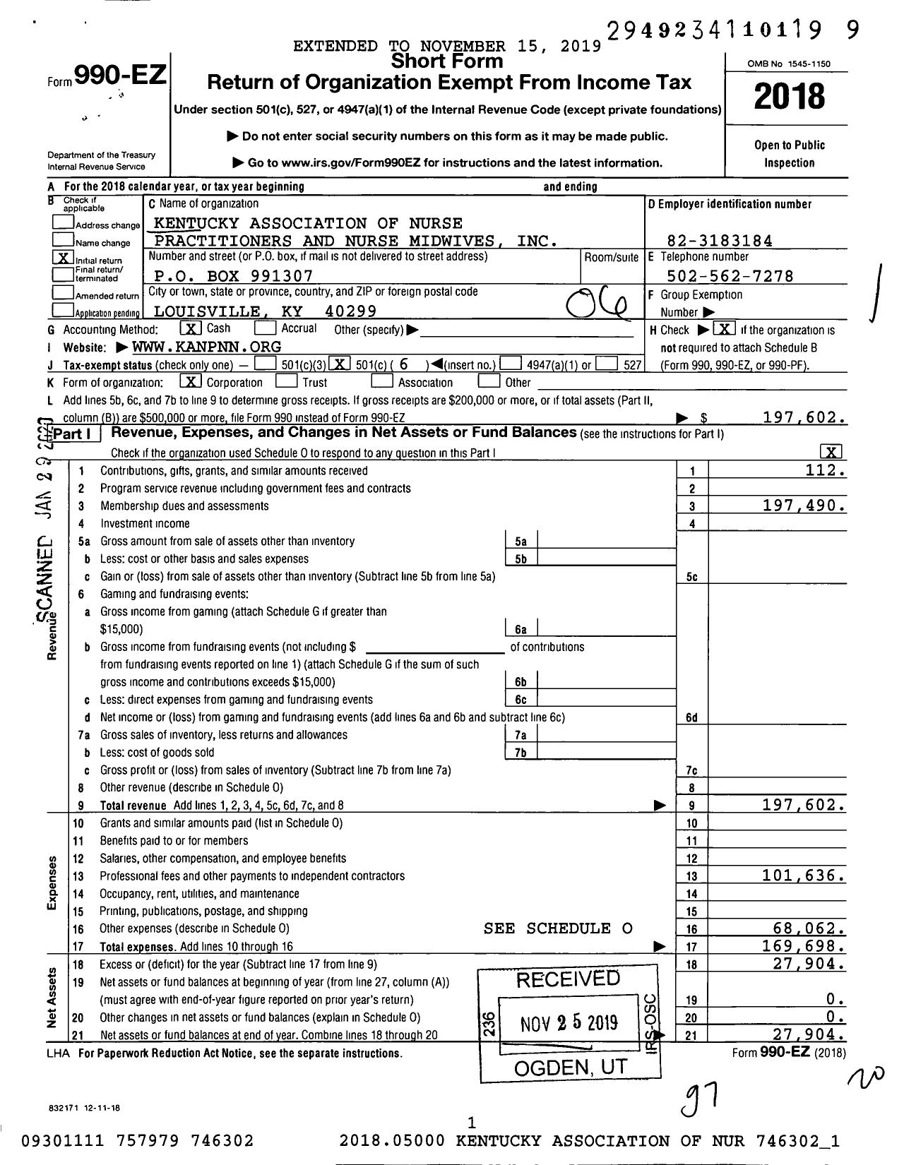 Image of first page of 2018 Form 990EO for Kentucky Association of Nurse Practitioners and Nurse Midwives