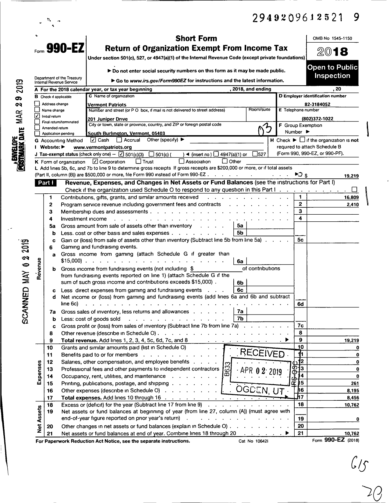 Image of first page of 2018 Form 990EZ for Vermont Patriots