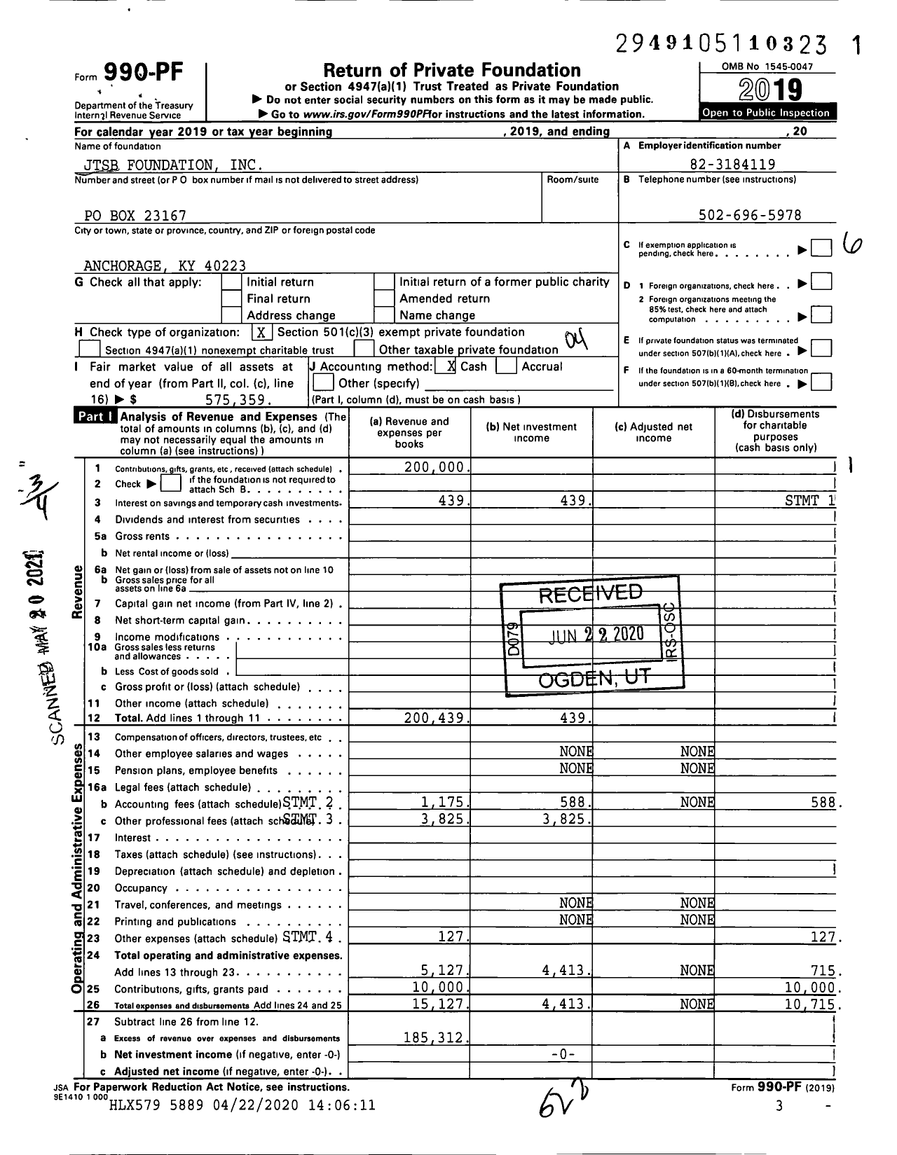 Image of first page of 2019 Form 990PF for Fourevergreen Foundation