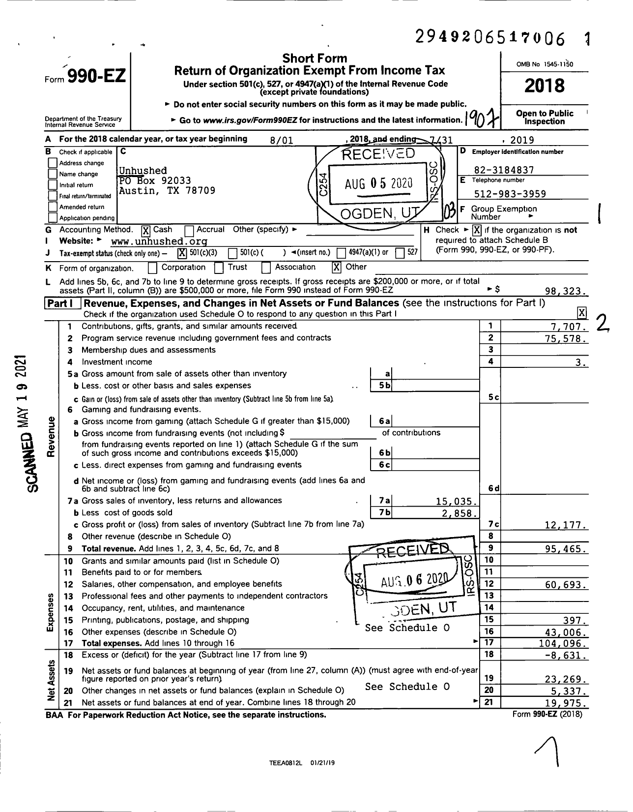 Image of first page of 2018 Form 990EZ for Unhushed