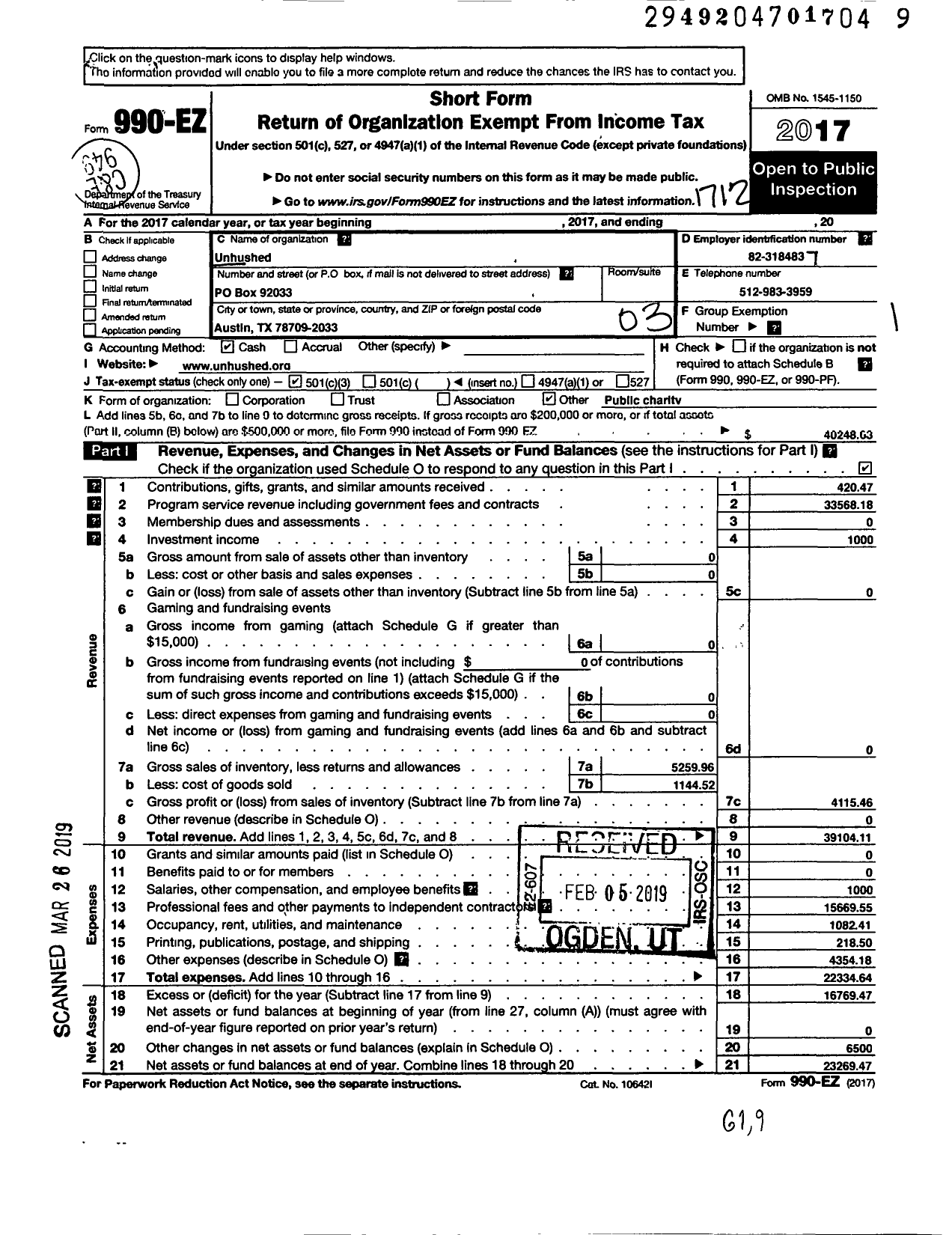 Image of first page of 2017 Form 990EZ for Unhushed