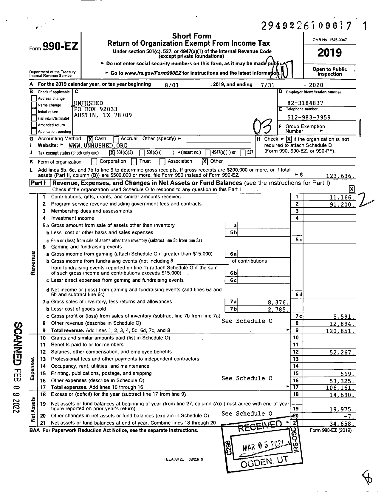 Image of first page of 2019 Form 990EZ for Unhushed