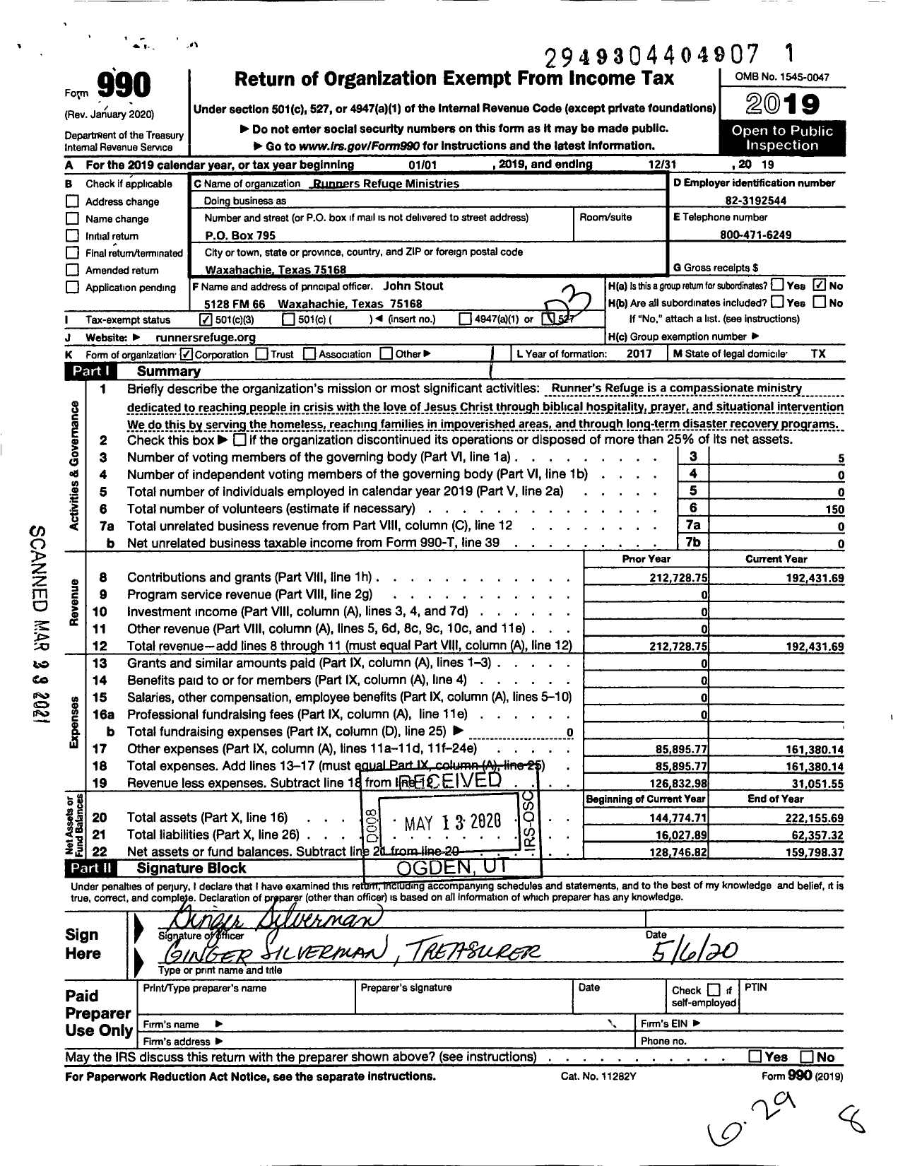 Image of first page of 2019 Form 990 for Runners Refuge Ministries