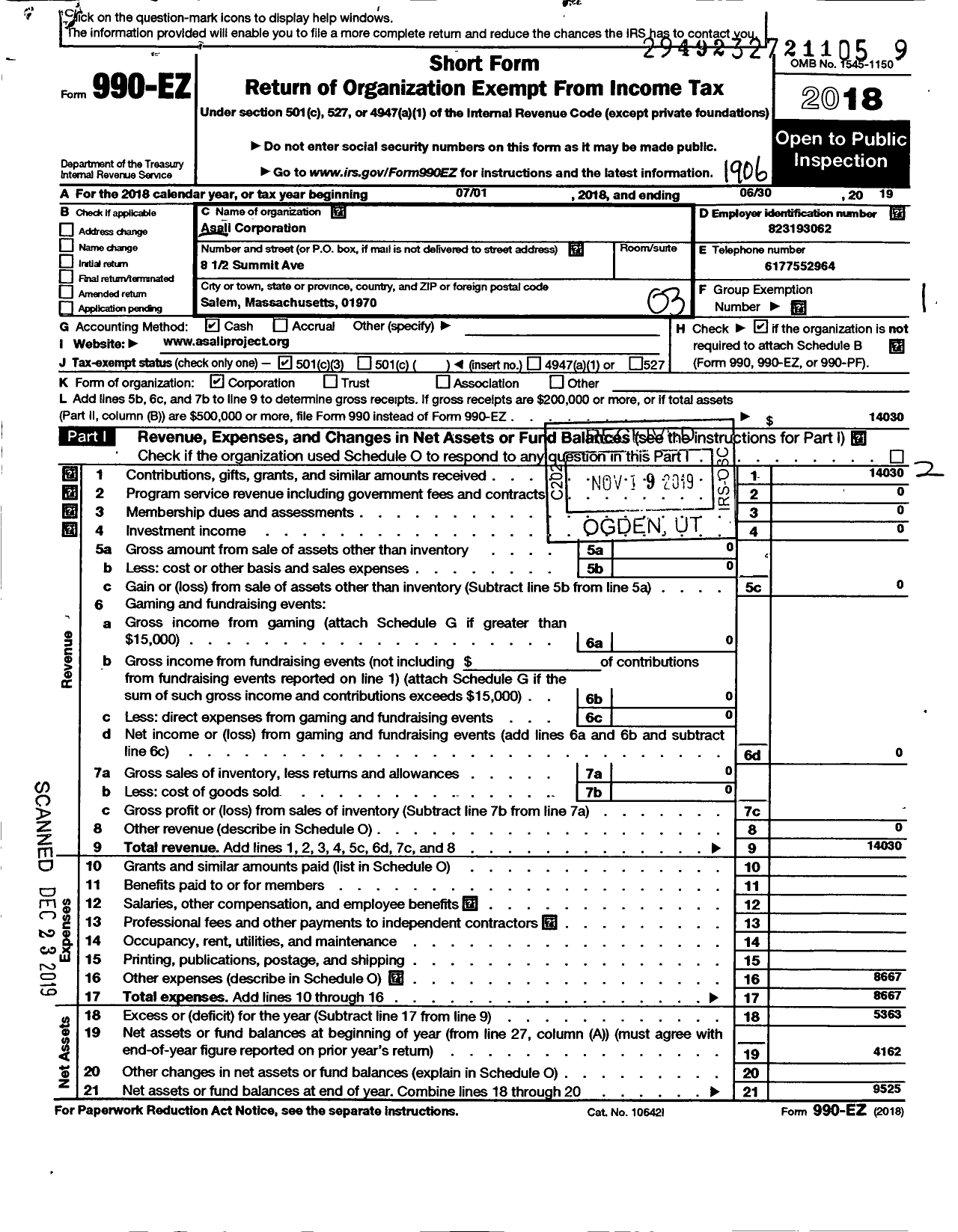 Image of first page of 2018 Form 990EZ for Asali Corporation