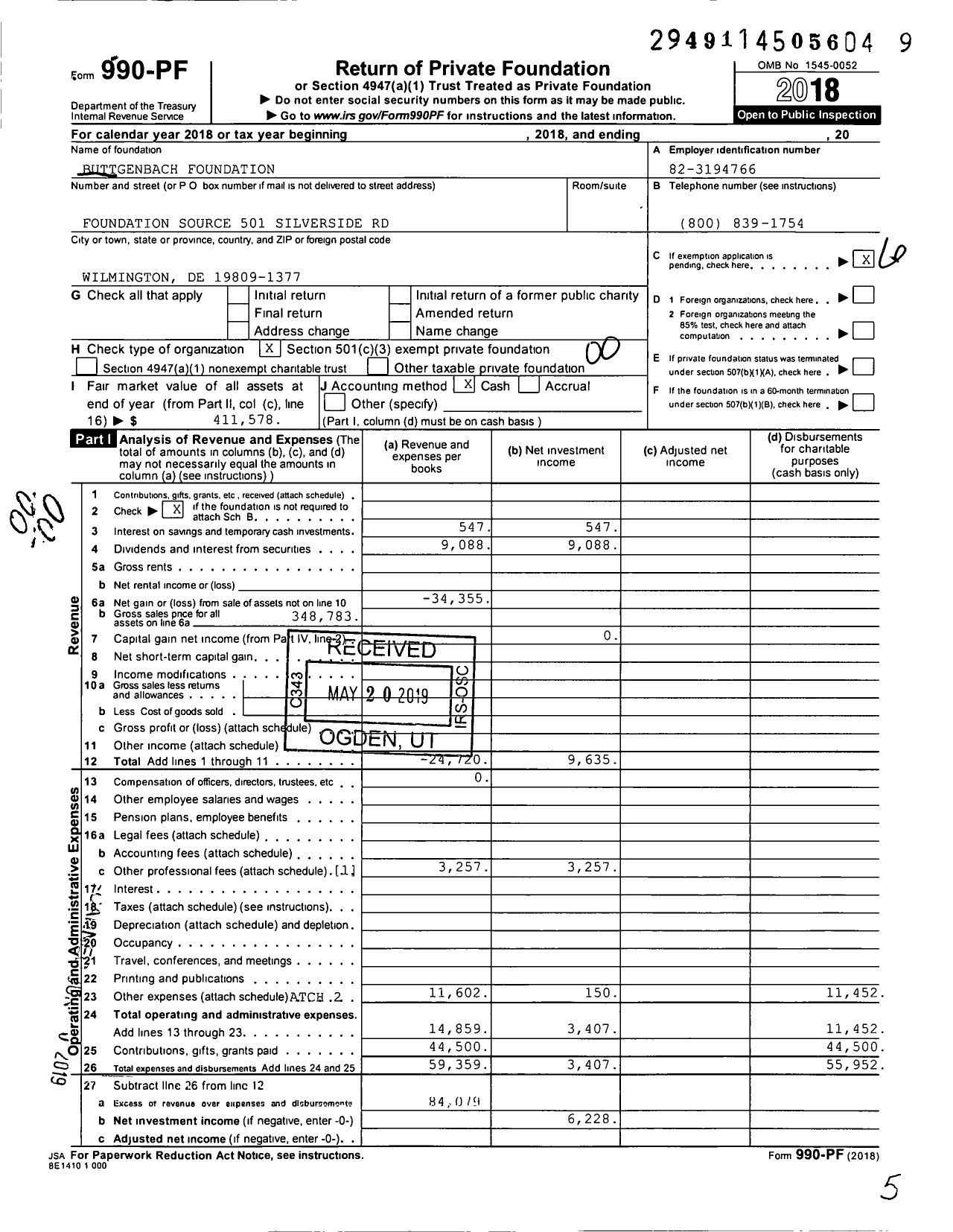 Image of first page of 2018 Form 990PF for Buttgenbach Foundation