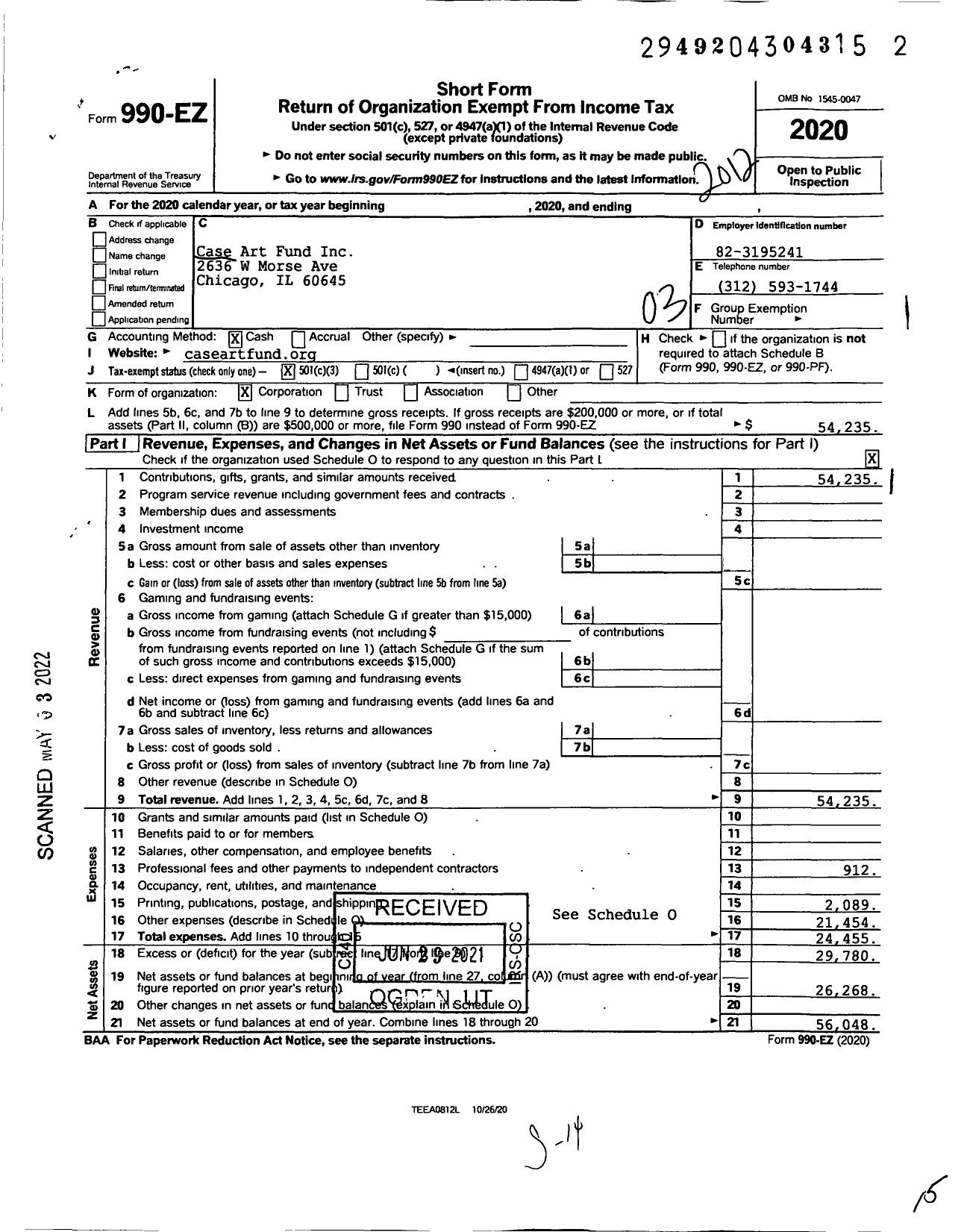 Image of first page of 2020 Form 990EZ for Case Art Fund