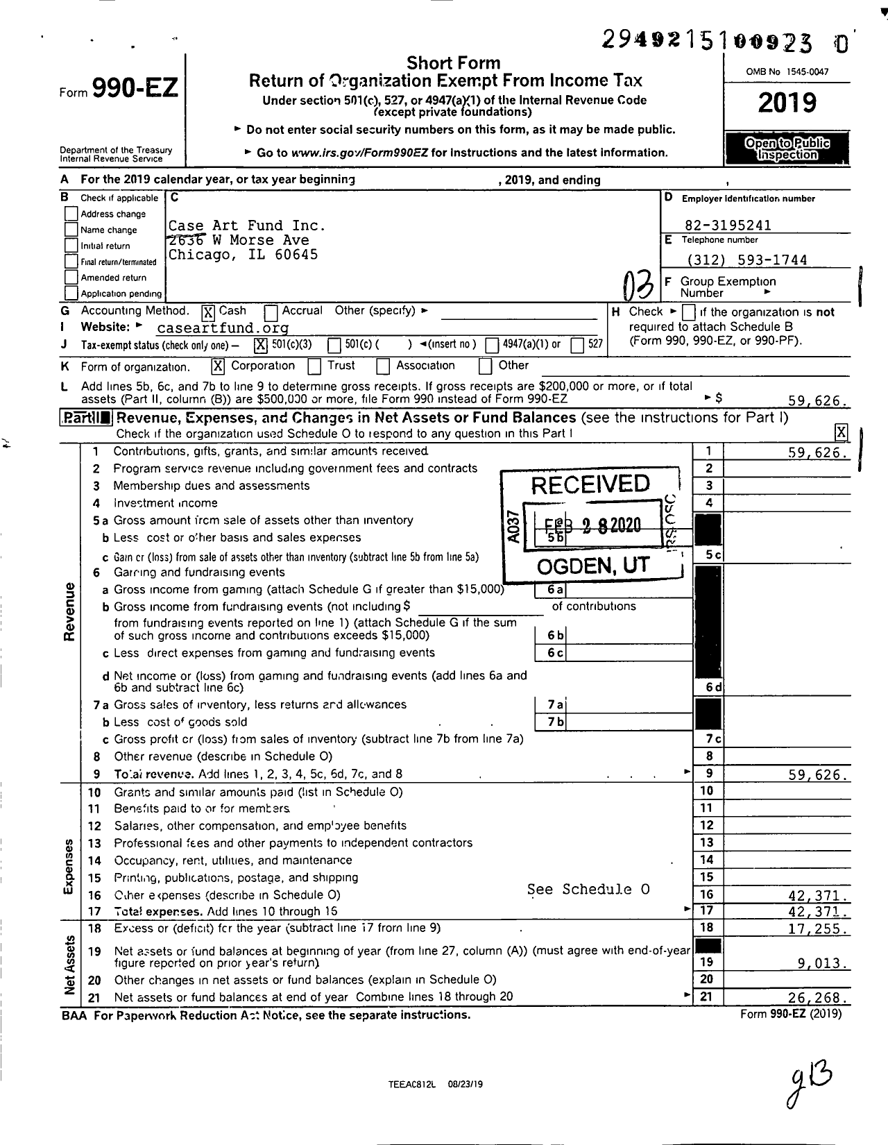 Image of first page of 2019 Form 990EZ for Case Art Fund