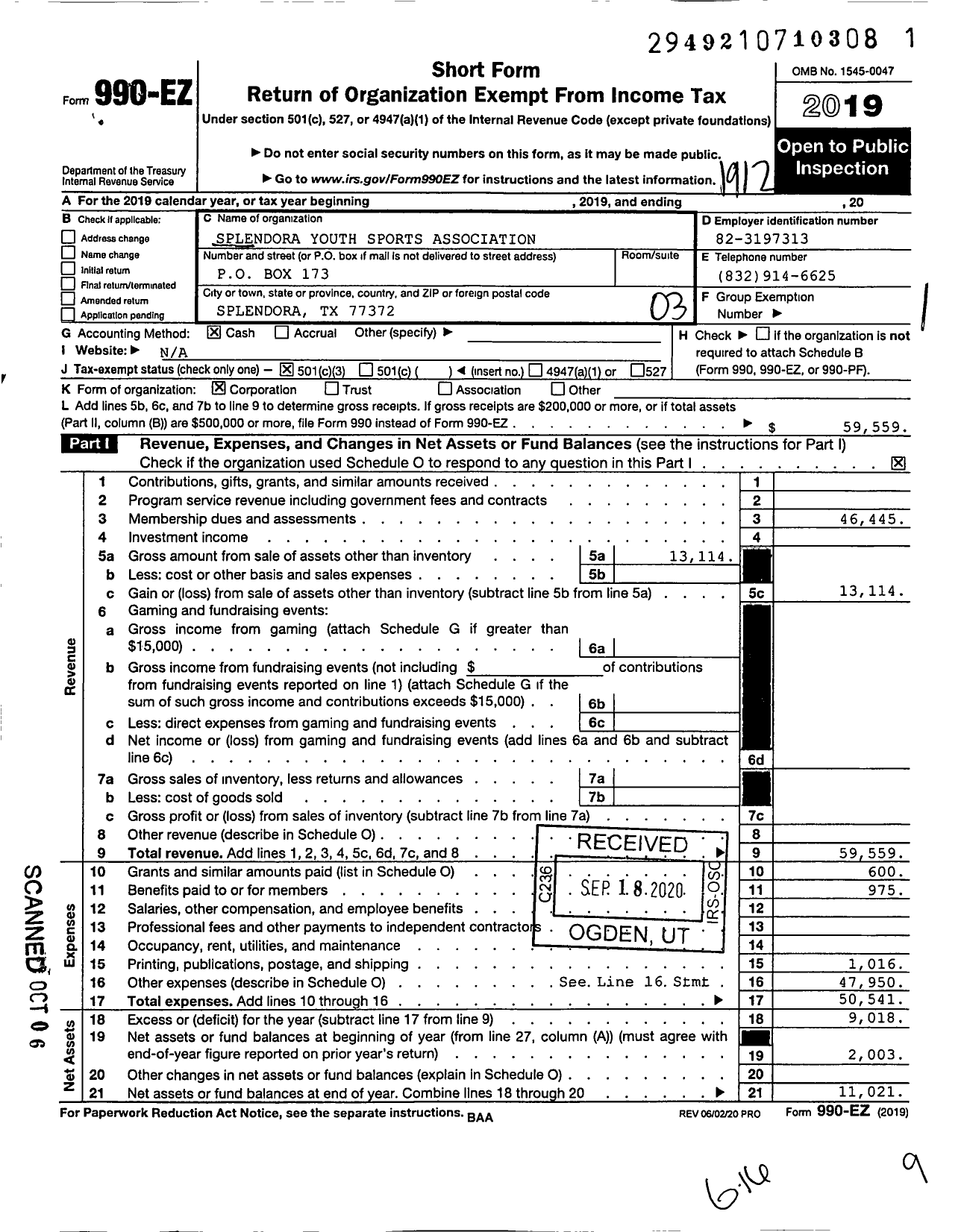 Image of first page of 2019 Form 990EZ for Splendora Youth Sports Association