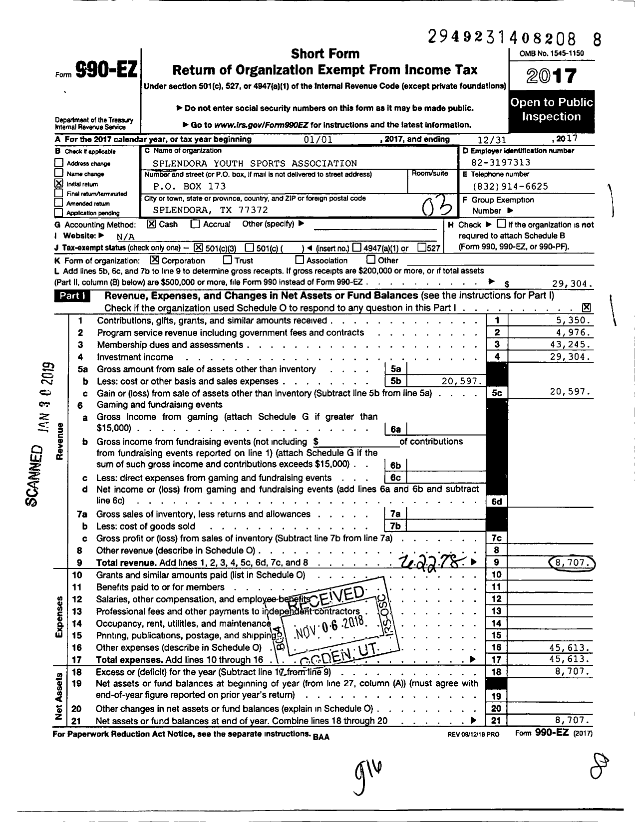 Image of first page of 2017 Form 990EZ for Splendora Youth Sports Association