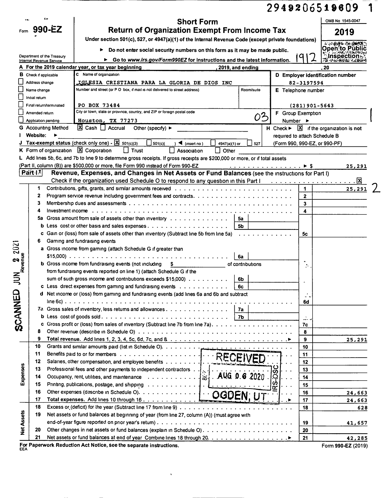 Image of first page of 2019 Form 990EZ for Iglesia Cristiana Para La Gloria de Dios