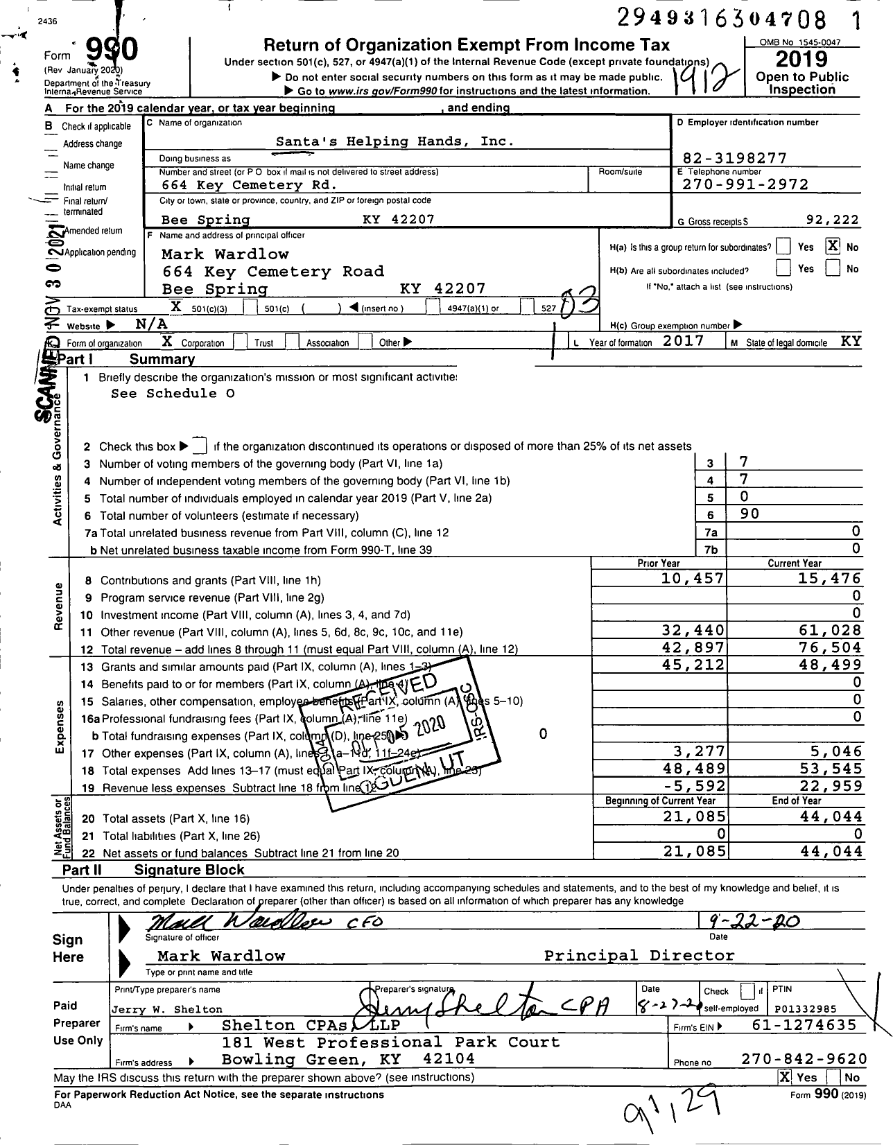 Image of first page of 2019 Form 990 for Santa's Helping Hands