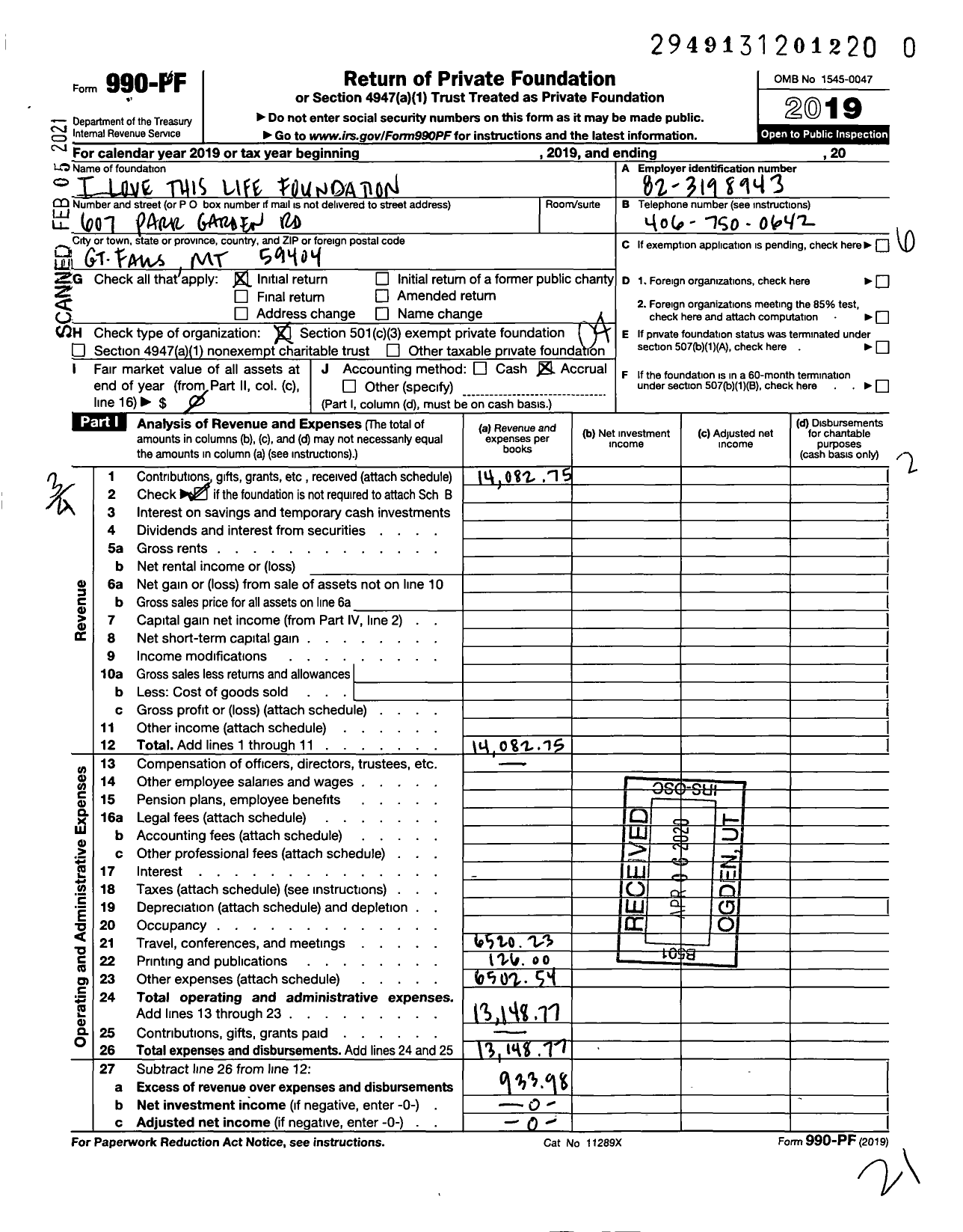 Image of first page of 2019 Form 990PF for I Love This Life Foundation