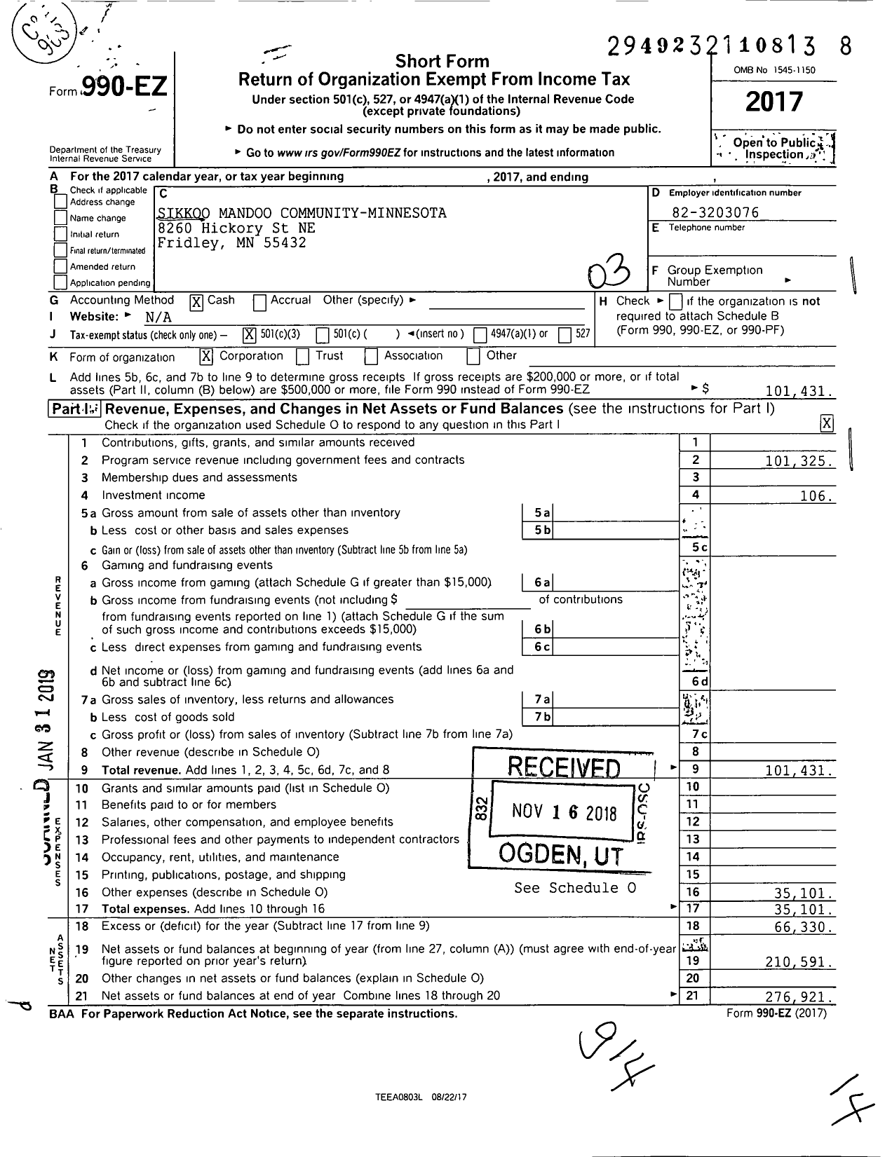 Image of first page of 2017 Form 990EZ for Sikkoo Mandoo Community-Minnesota