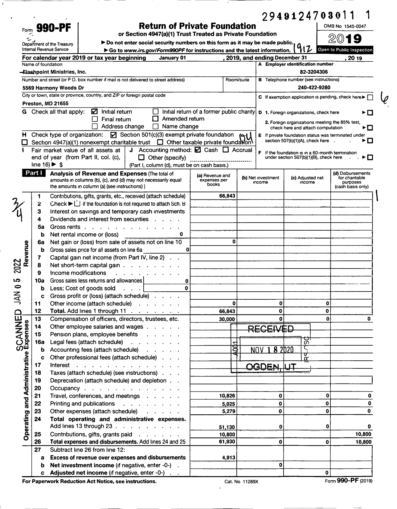 Image of first page of 2019 Form 990PF for Flashpoint Ministries