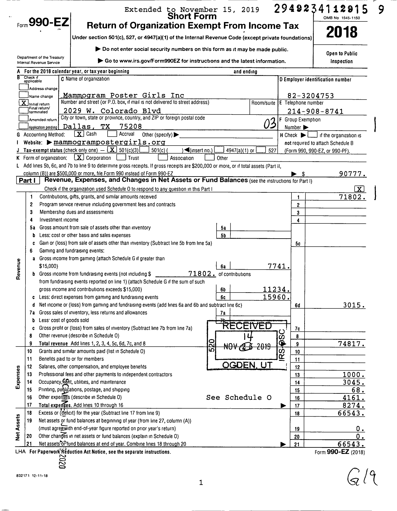 Image of first page of 2018 Form 990EZ for Mammogram Poster Girls