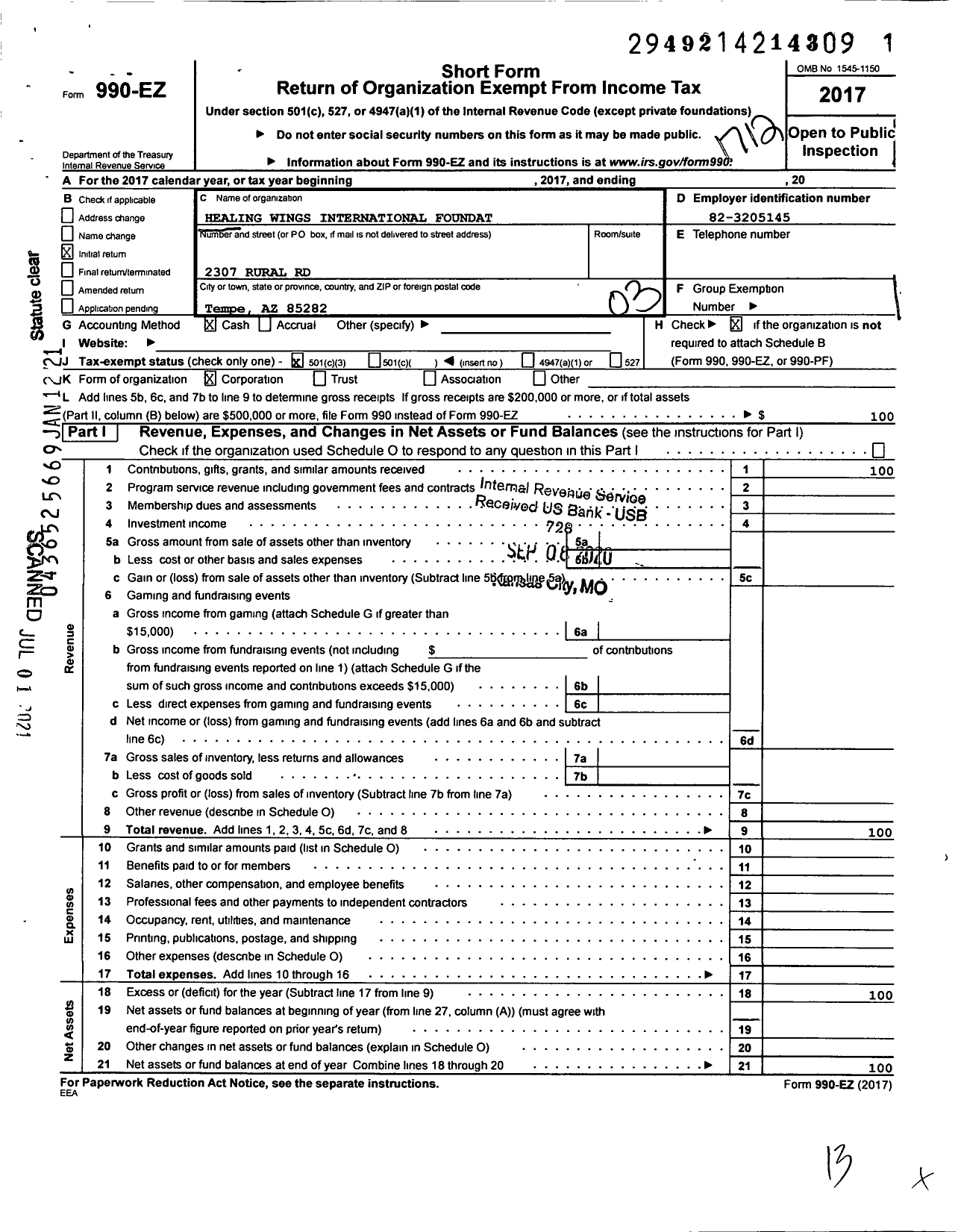 Image of first page of 2017 Form 990EZ for Healing Wings International Foundation