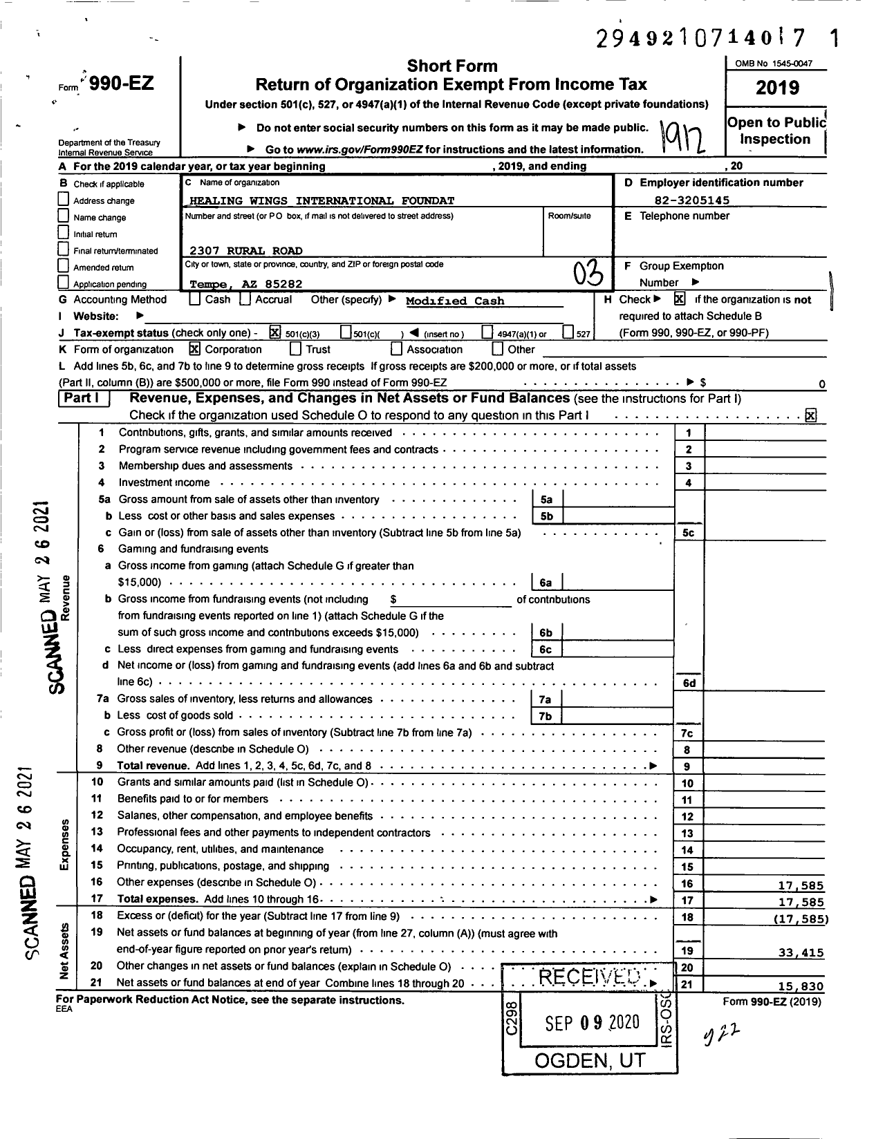 Image of first page of 2019 Form 990EZ for Healing Wings International Foundation