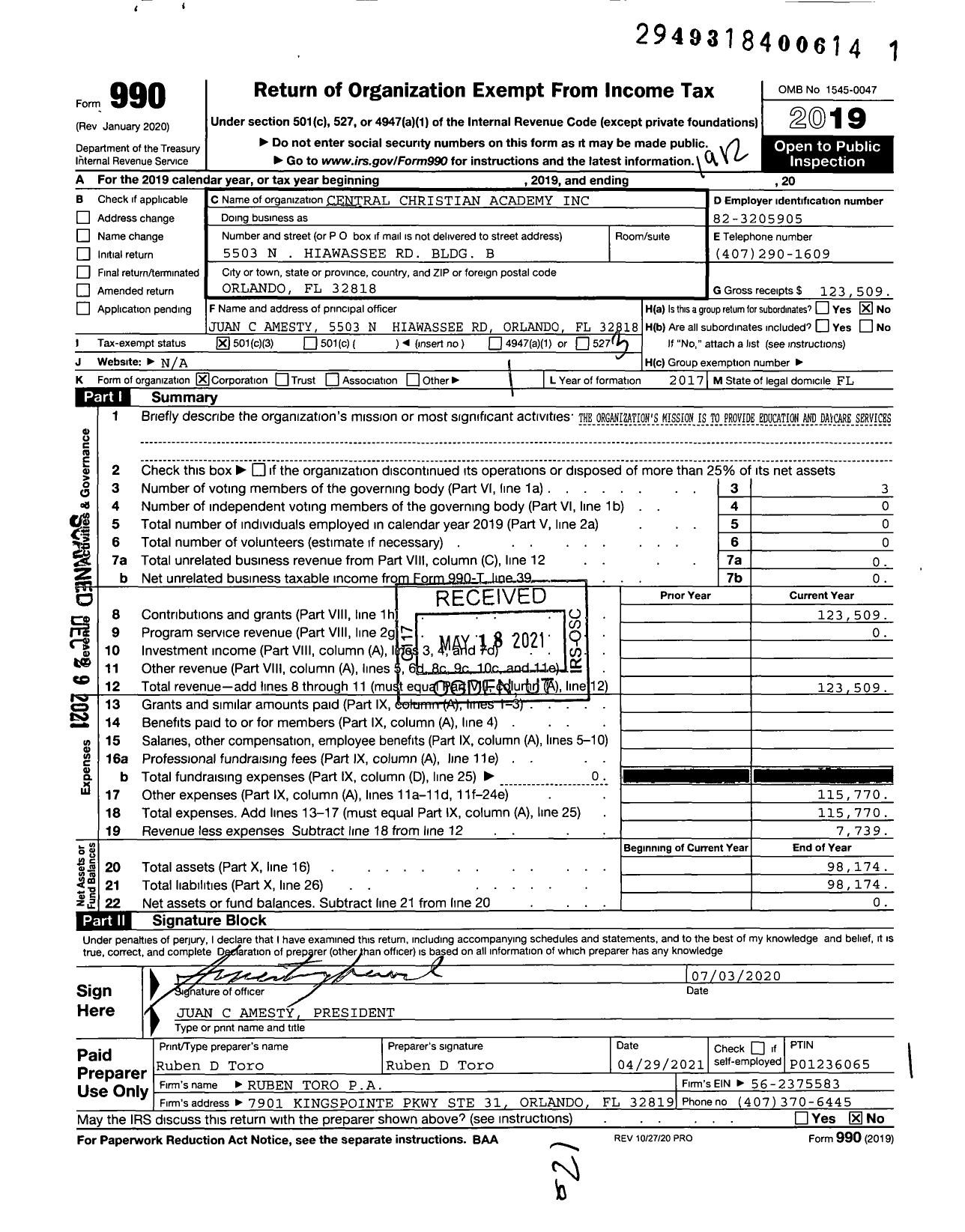 Image of first page of 2019 Form 990 for Central Christian Academy