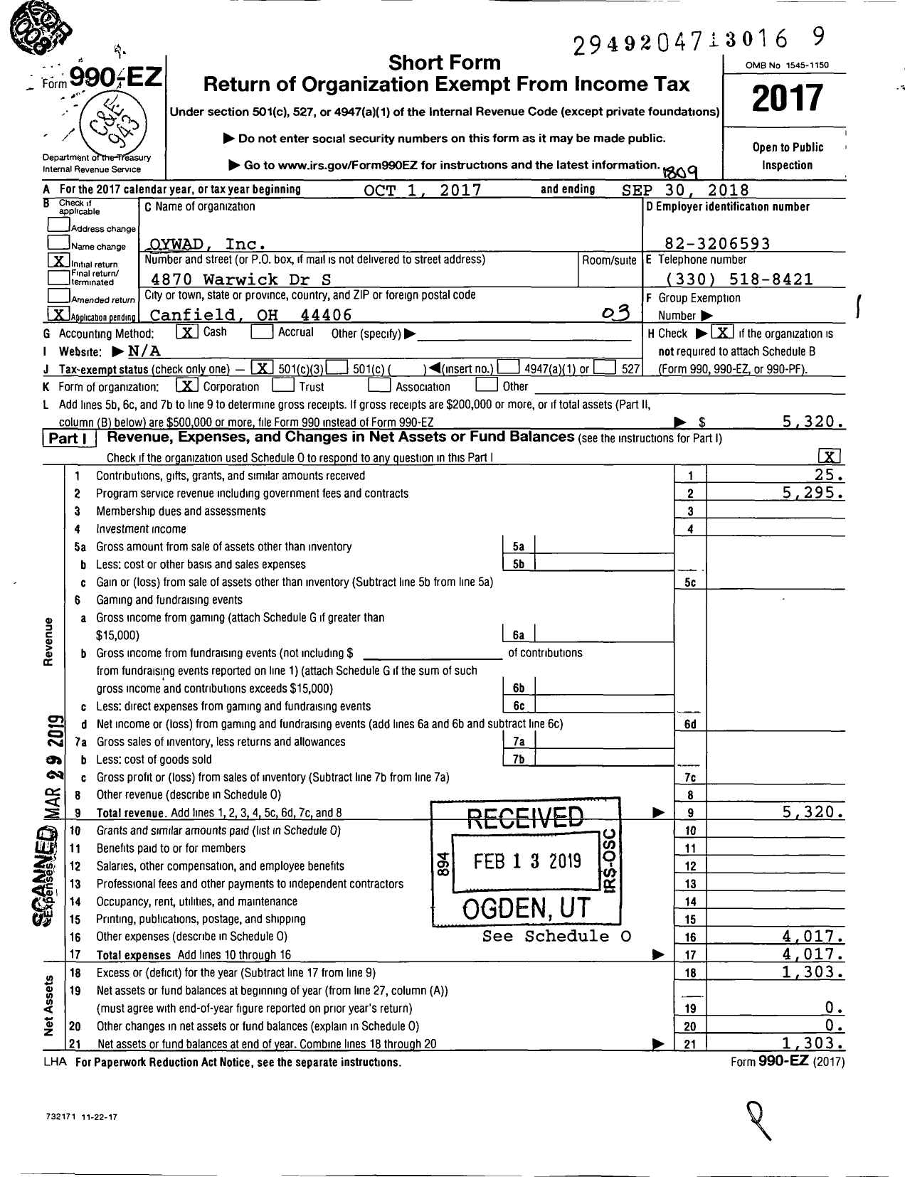 Image of first page of 2017 Form 990EZ for Ohio Youth Wrestling Austintown Div (OYWAD)