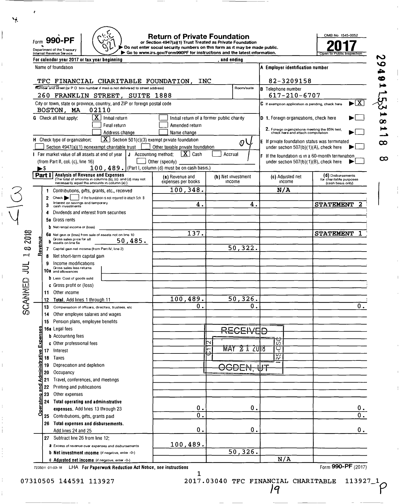 Image of first page of 2017 Form 990PF for TFC Financial Charitable Foundation