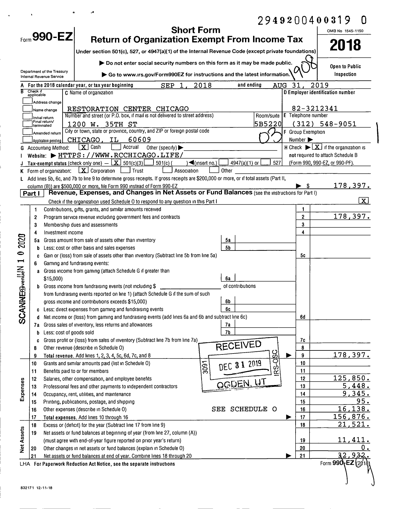 Image of first page of 2018 Form 990EZ for Restoration Center Chicago