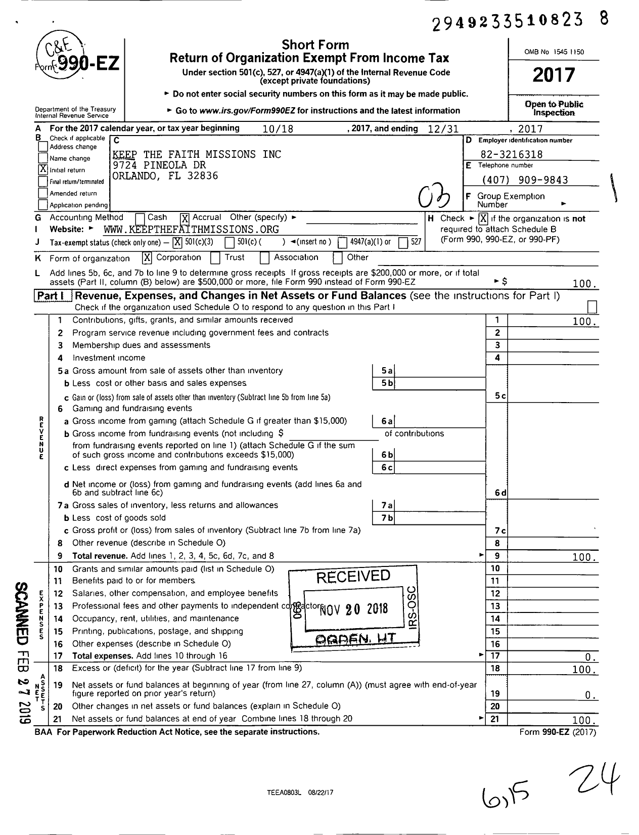 Image of first page of 2017 Form 990EZ for Keep the Faith Missions