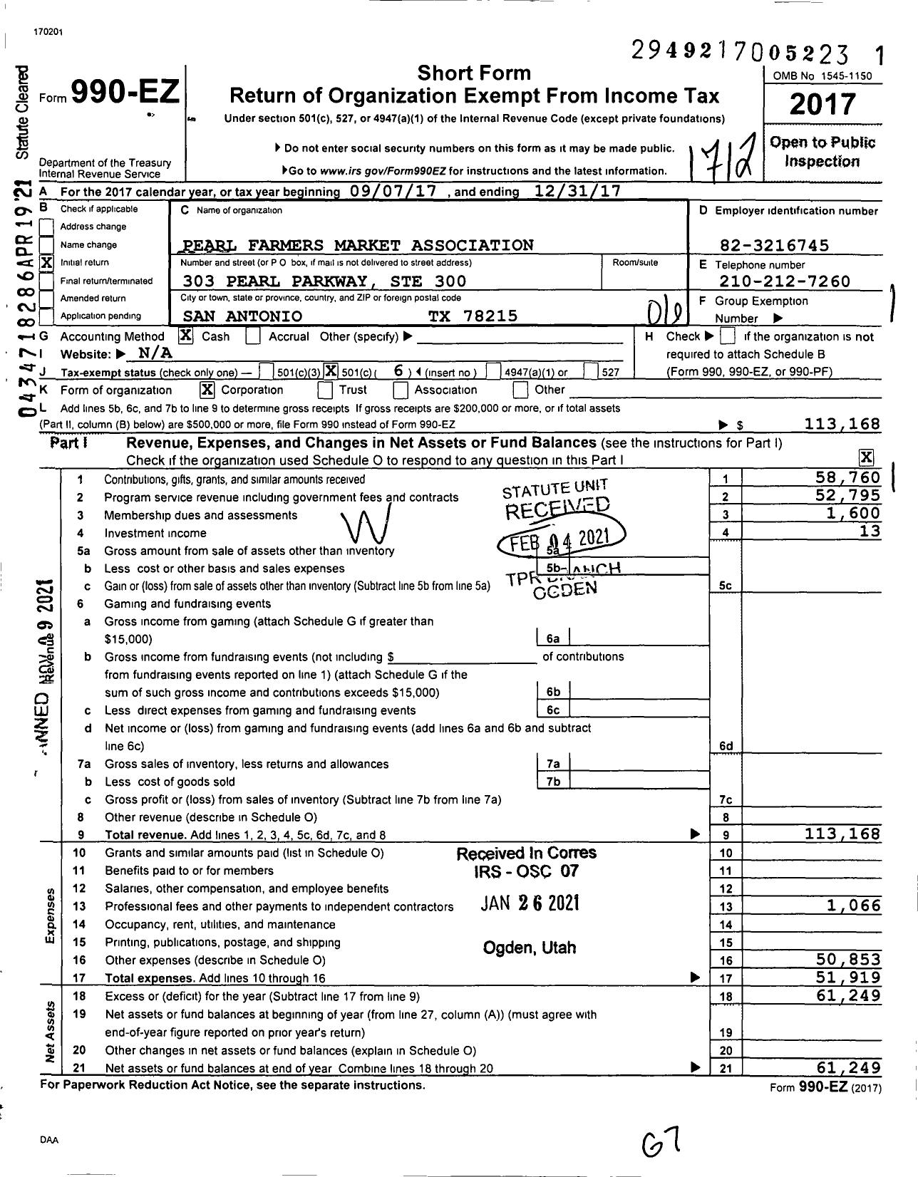 Image of first page of 2017 Form 990EO for Pearl Farmers Market Association