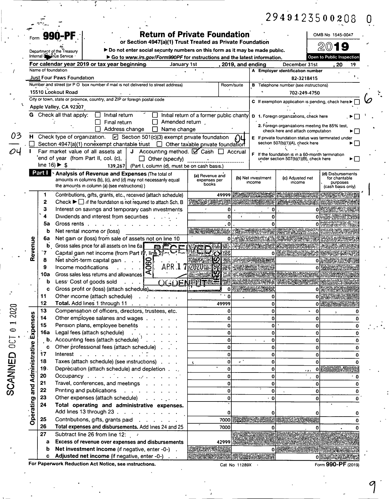 Image of first page of 2019 Form 990PR for Just Four Paws Foundation