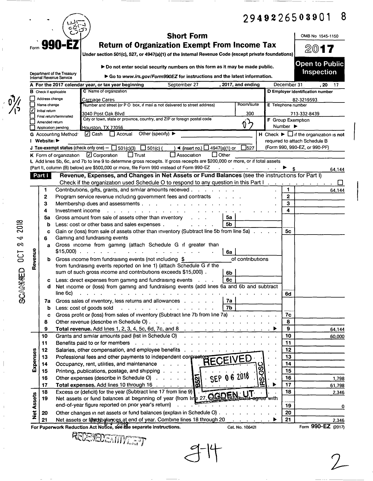 Image of first page of 2017 Form 990EZ for Carriage Cares