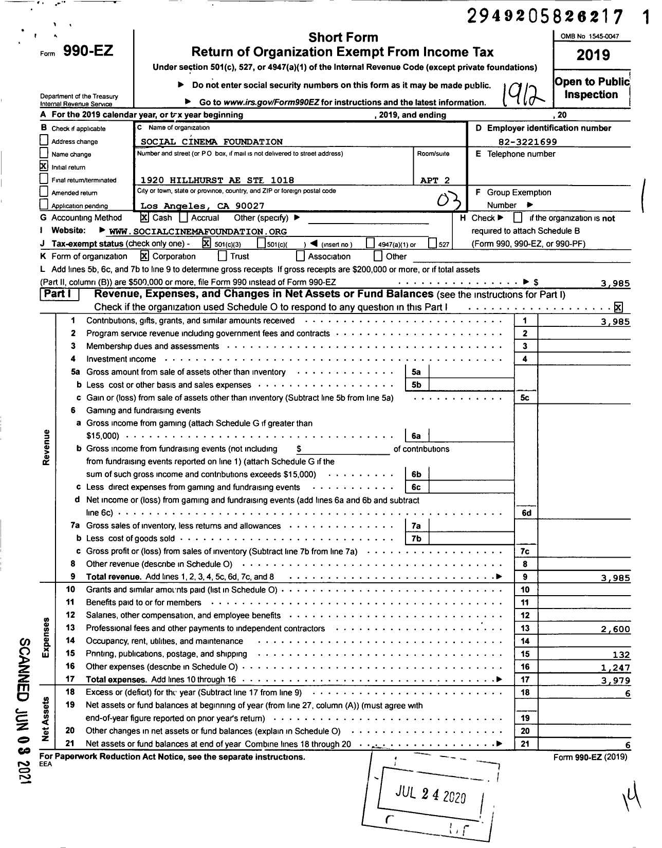 Image of first page of 2019 Form 990EZ for Social Cinema Foundation