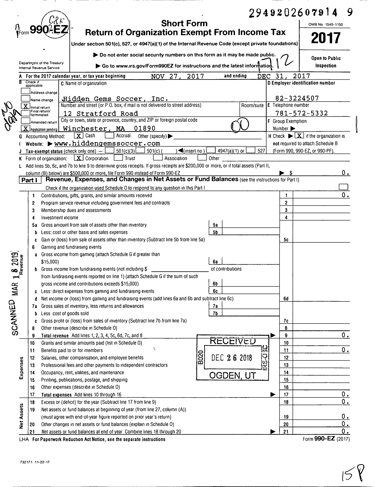 Image of first page of 2017 Form 990EO for Hidden Gems Soccer