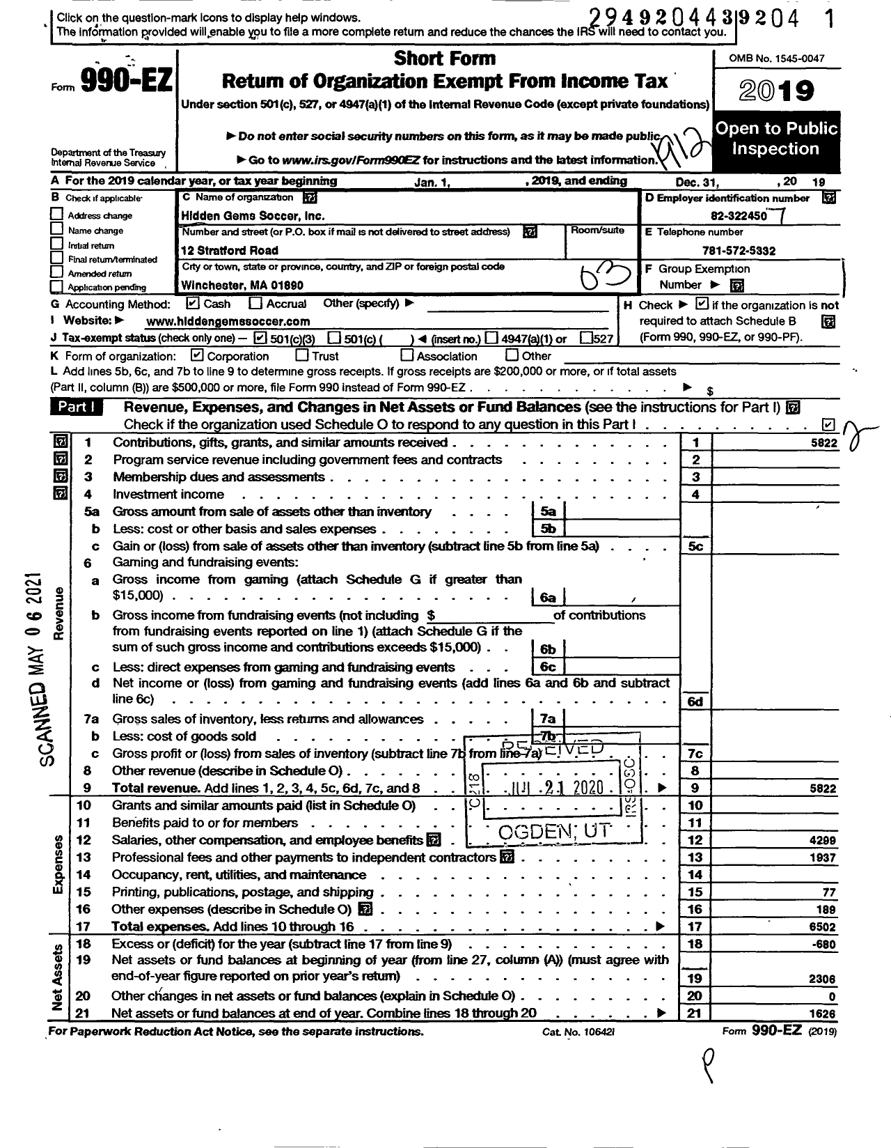 Image of first page of 2019 Form 990EZ for Hidden Gems Soccer