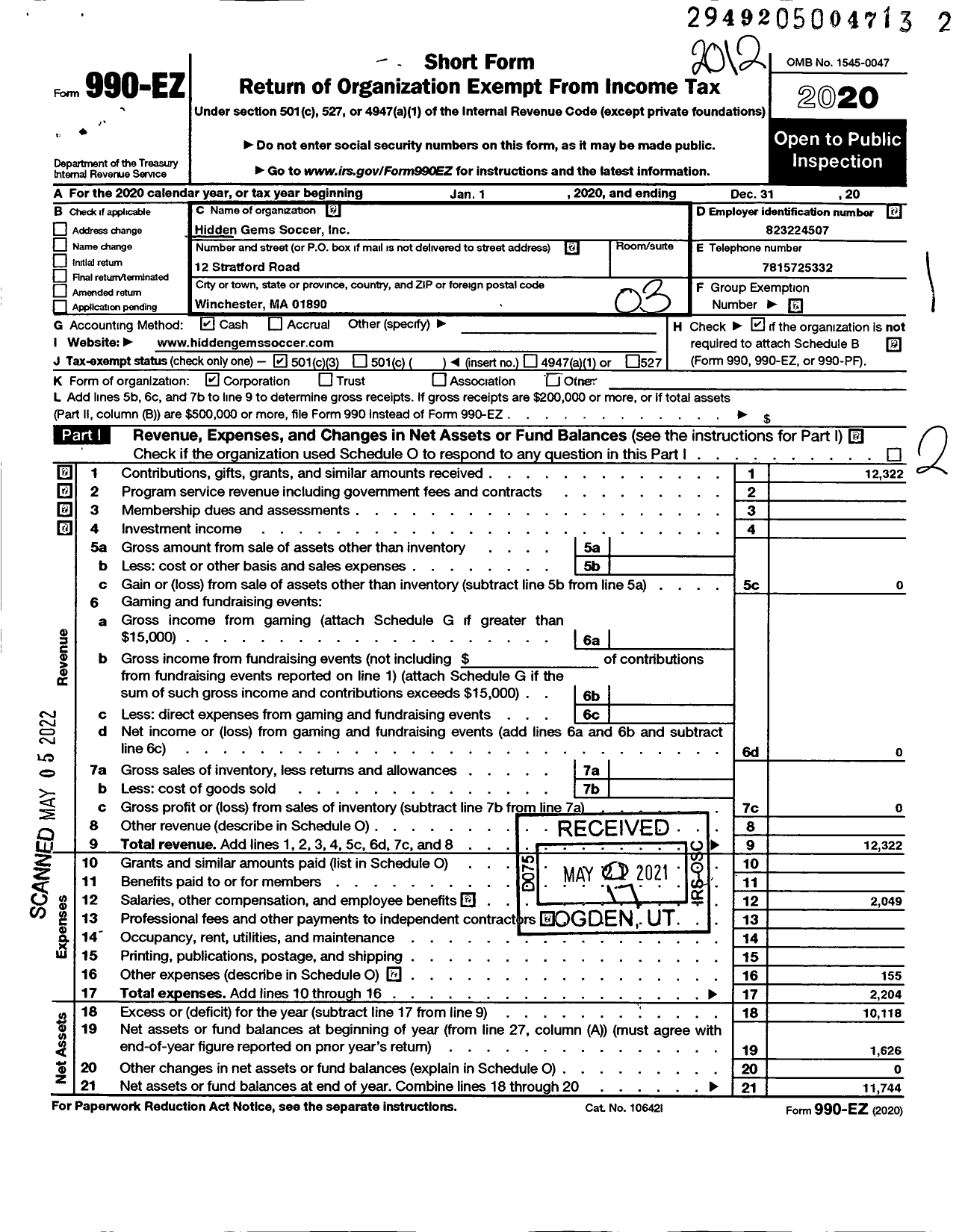 Image of first page of 2020 Form 990EZ for Hidden Gems Soccer