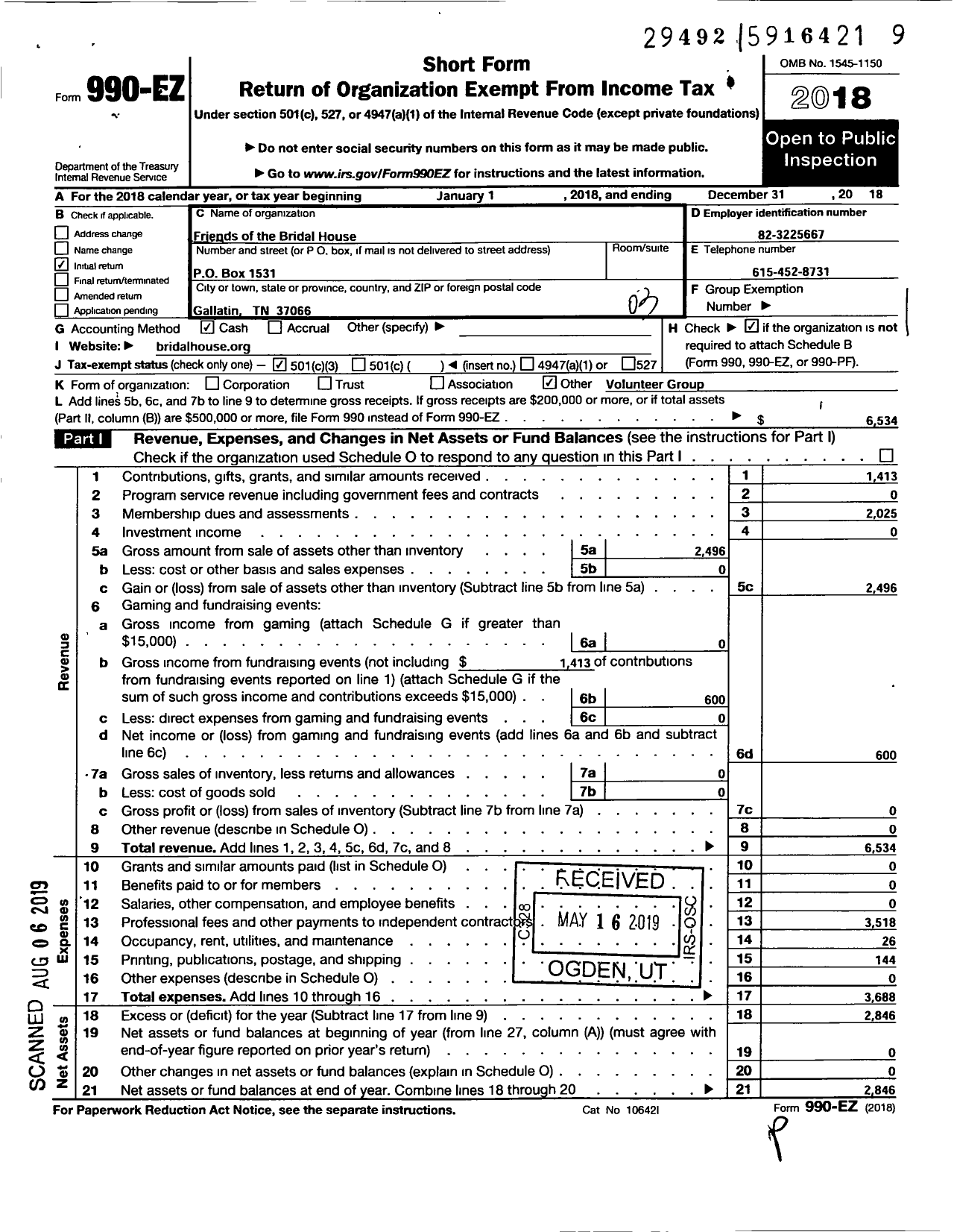 Image of first page of 2018 Form 990EZ for Friends of the Bridal House