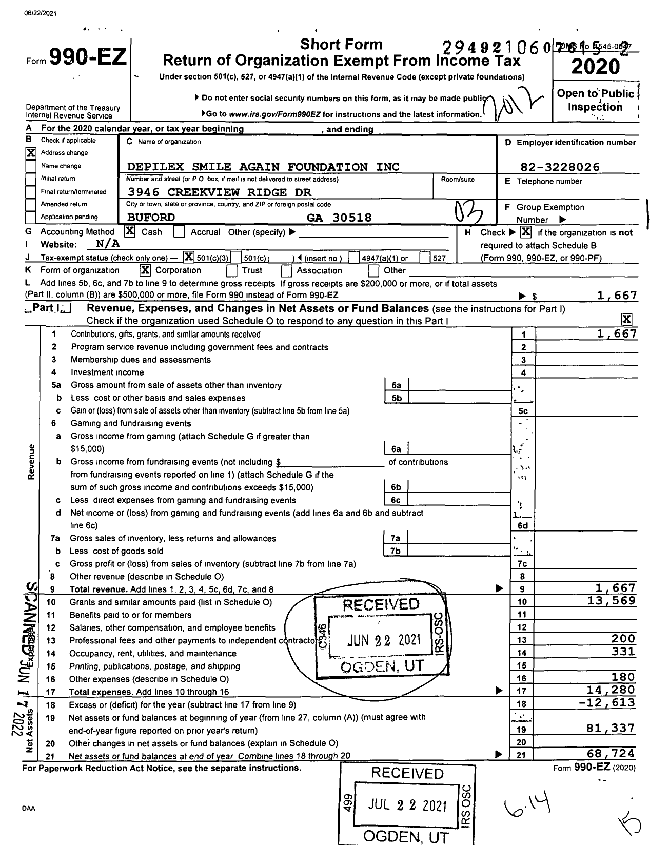 Image of first page of 2020 Form 990EZ for Depilex Smile Again Foundation