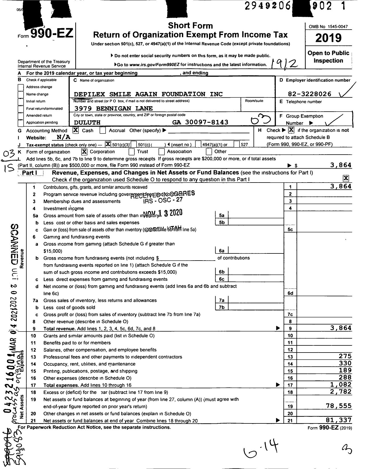 Image of first page of 2019 Form 990EZ for Depilex Smile Again Foundation