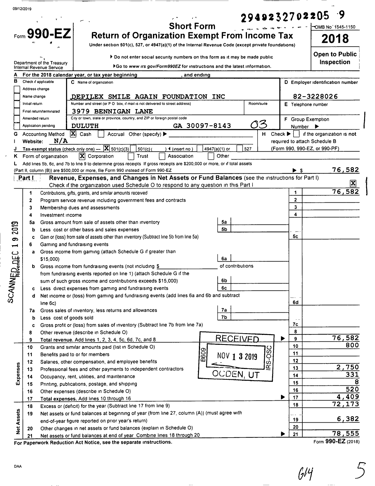 Image of first page of 2018 Form 990EZ for Depilex Smile Again Foundation