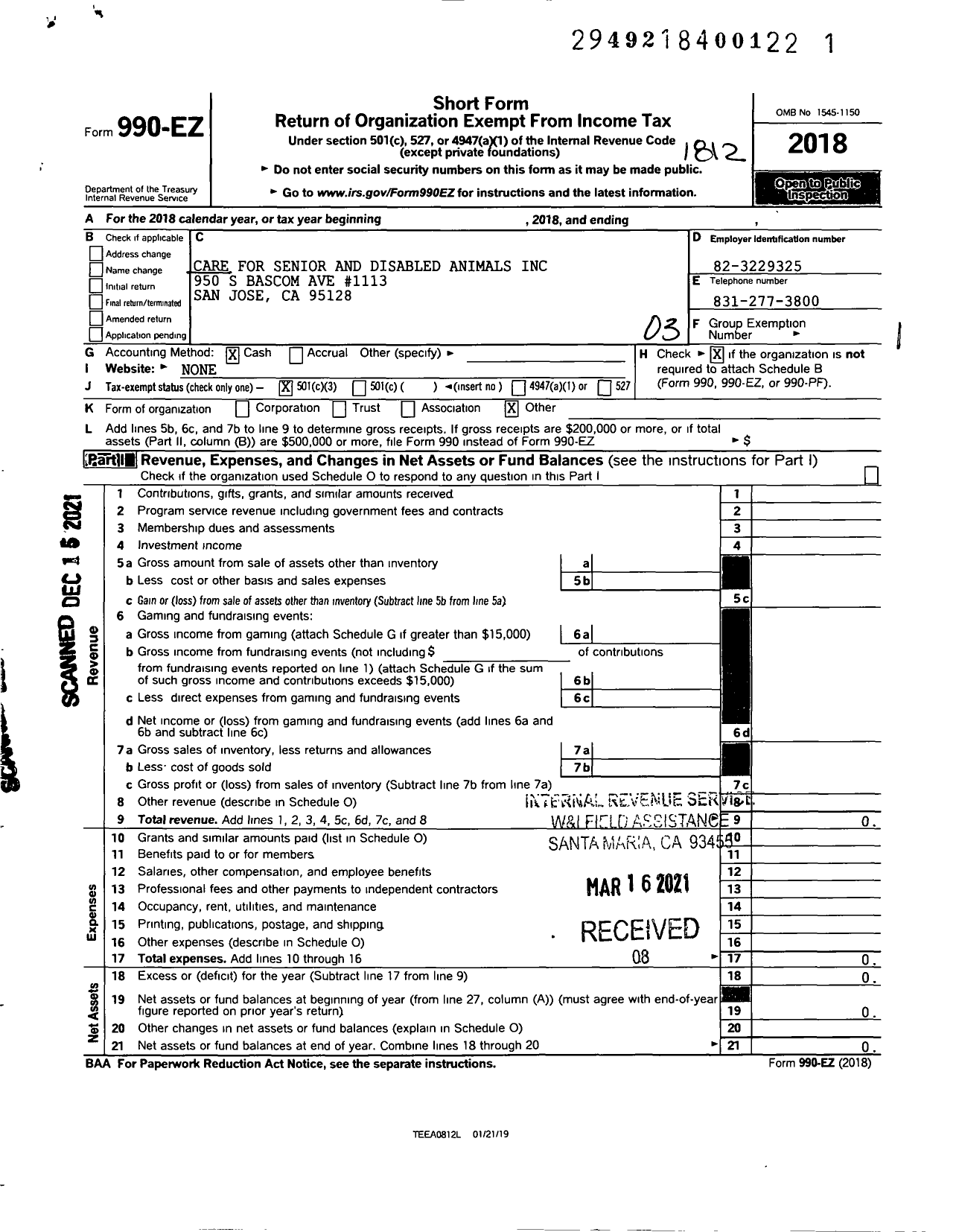 Image of first page of 2018 Form 990EZ for Care for Senior and Disabled Animals