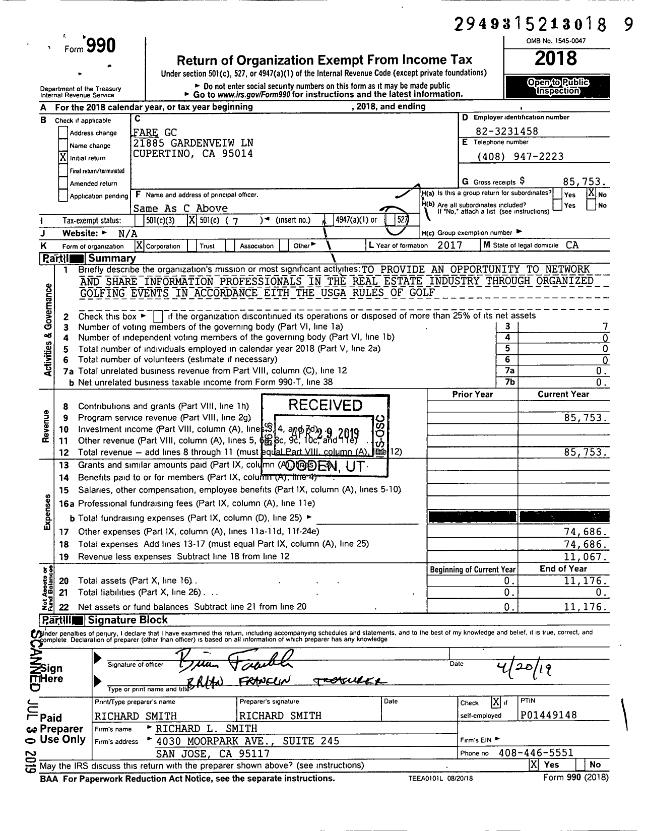 Image of first page of 2018 Form 990O for Fare GC