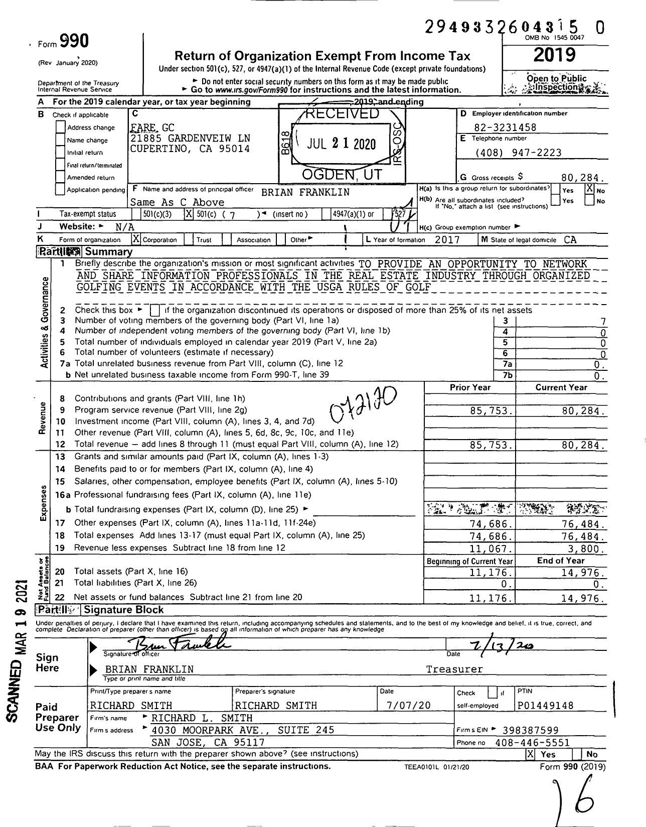 Image of first page of 2019 Form 990O for Fare GC