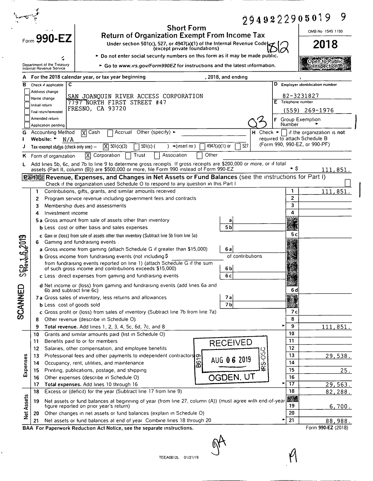 Image of first page of 2018 Form 990EZ for San Joaquin River Access Corporation