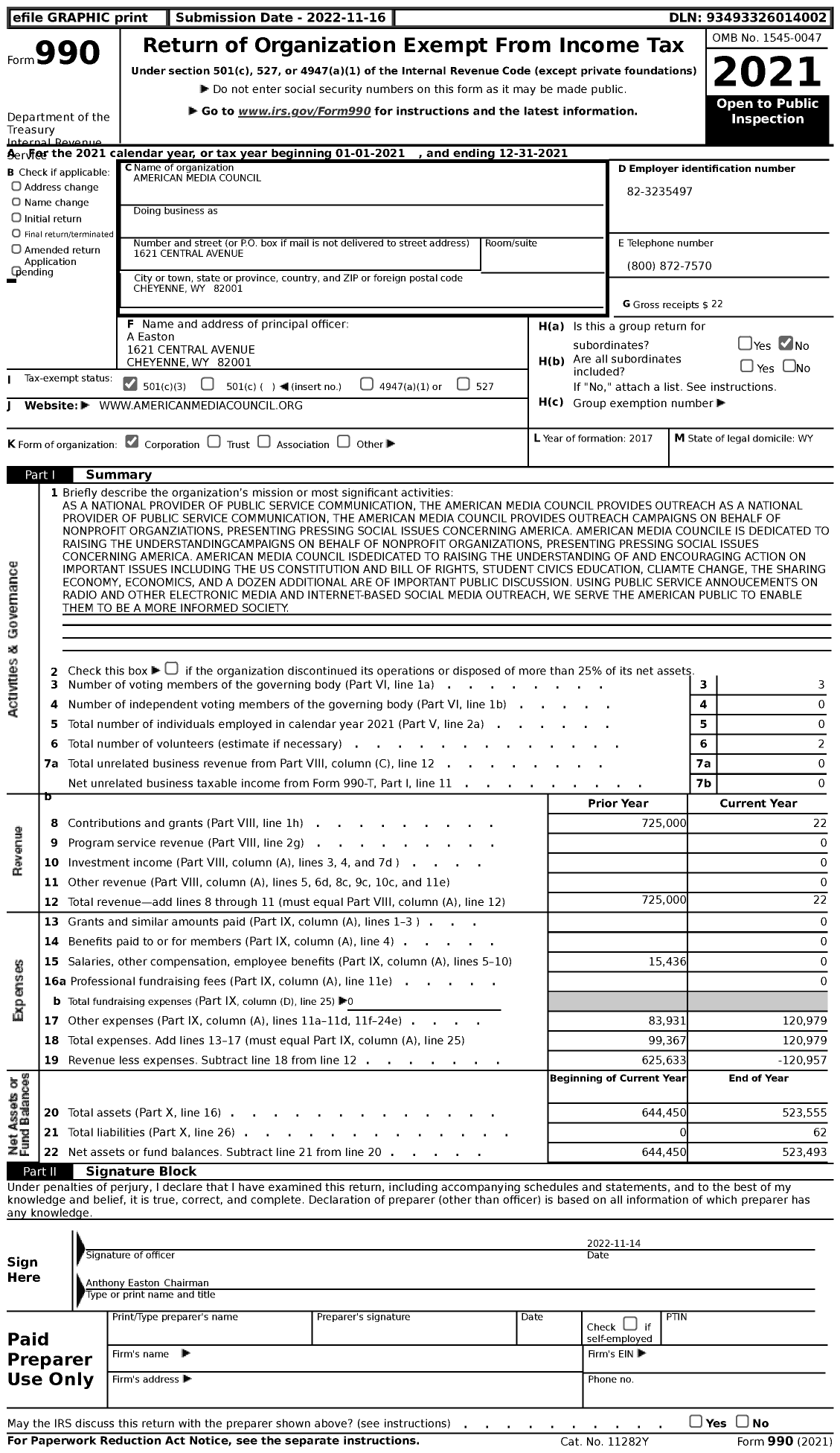 Image of first page of 2021 Form 990 for American Media Council