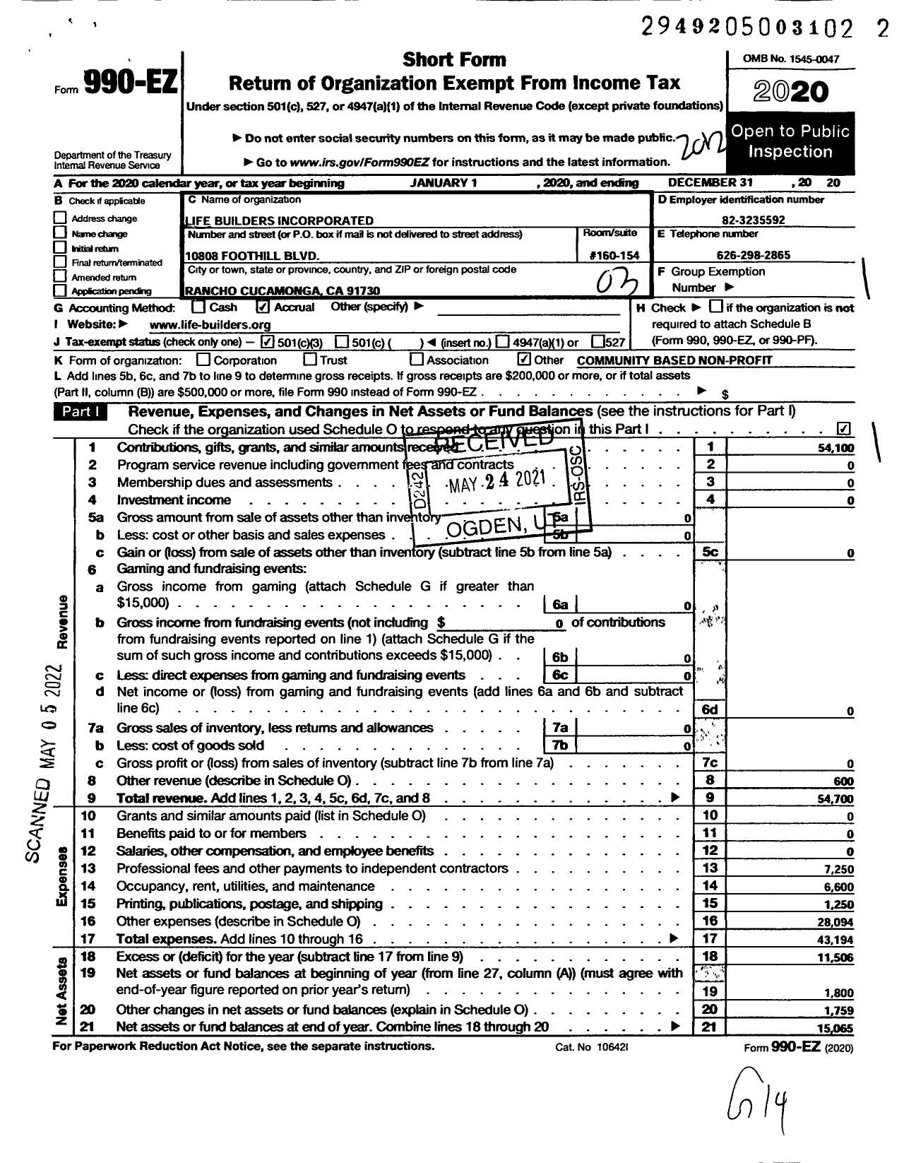 Image of first page of 2020 Form 990EZ for Life Builders Incorporated