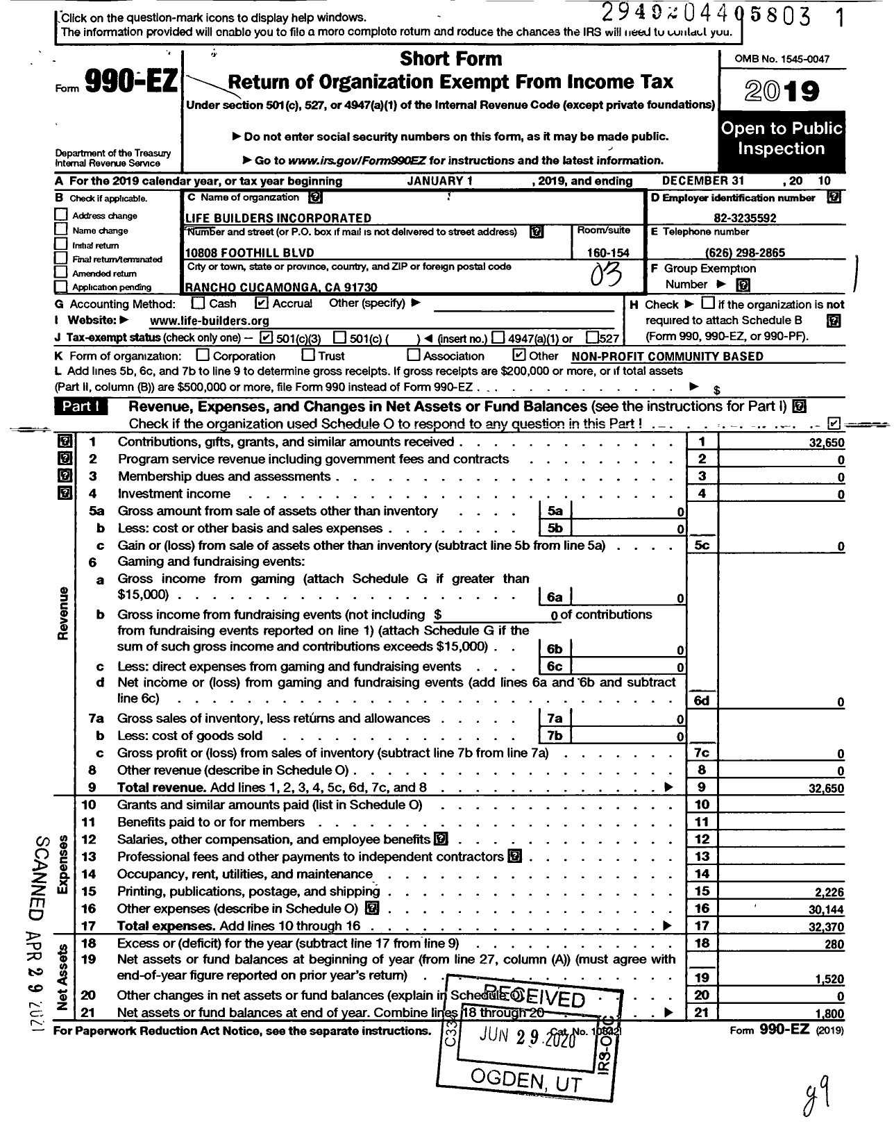 Image of first page of 2019 Form 990EZ for Life Builders Incorporated