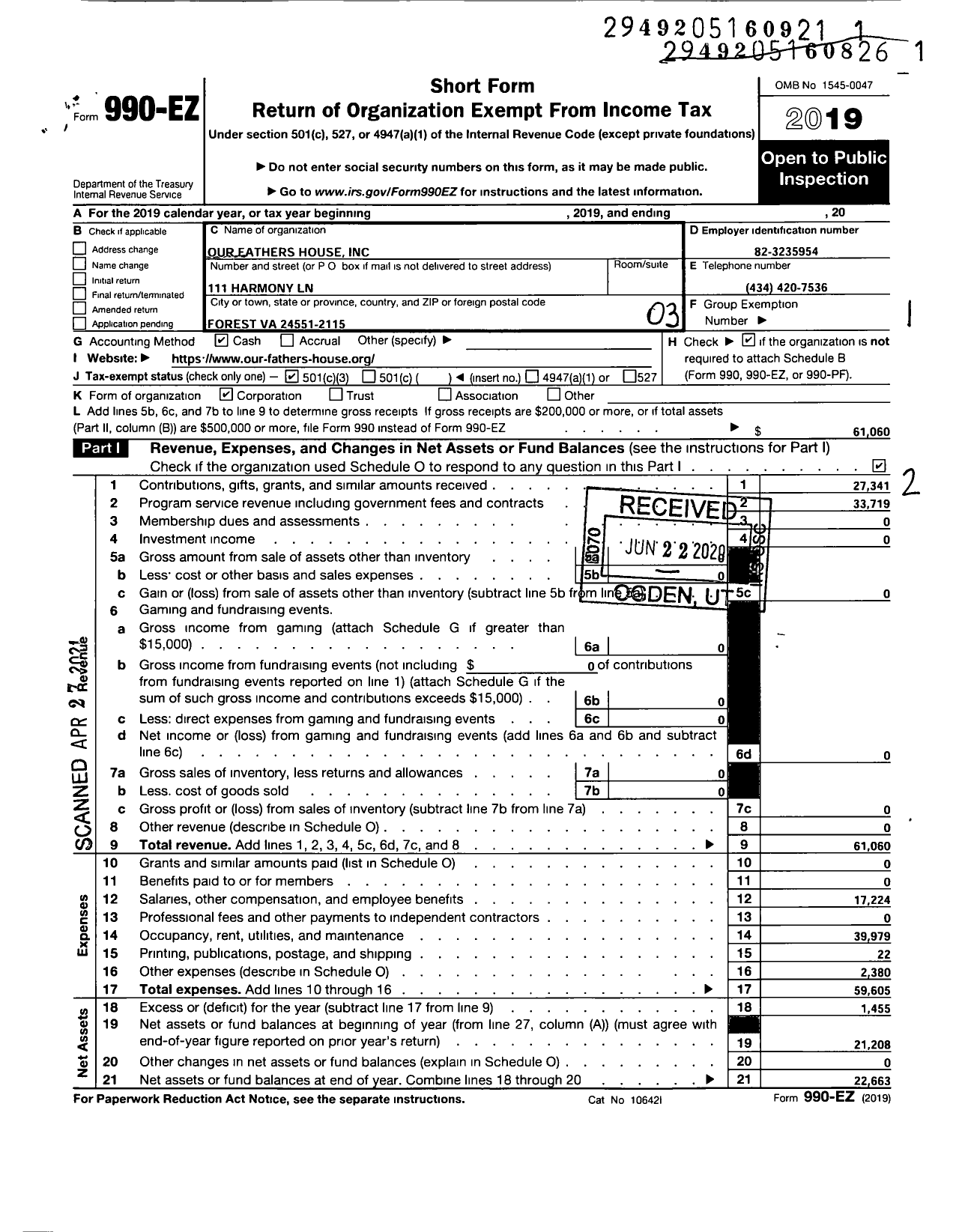 Image of first page of 2019 Form 990EZ for Our Fathers House